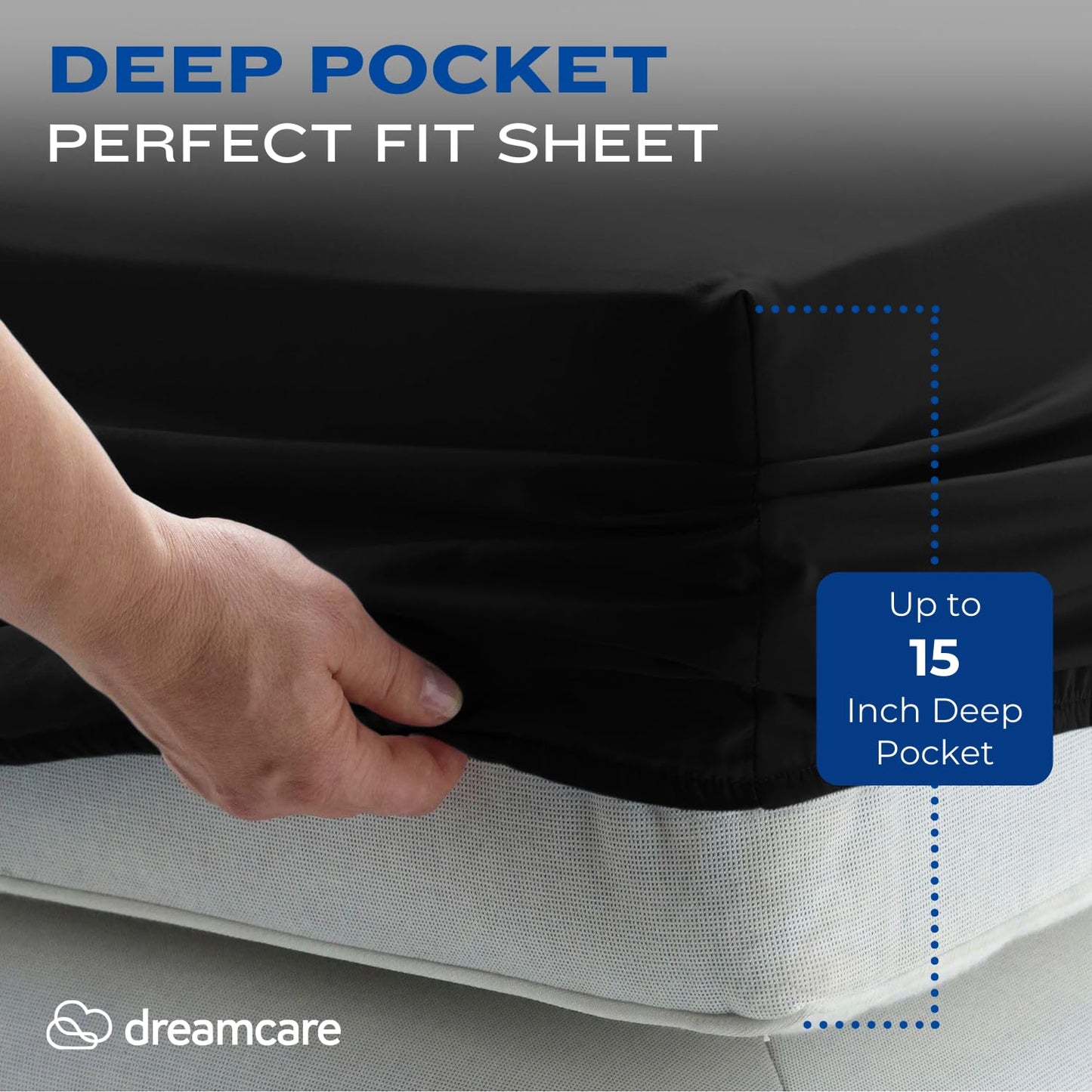 DREAMCARE King Size Sheets Set - 4 pcs Breathable Cooling Sheets - up to 15" Deep Pocket King Sheet Set with Side Pockets - Extra Soft 100% Brushed Hypoallergenic Hotel Luxury Bedding Black