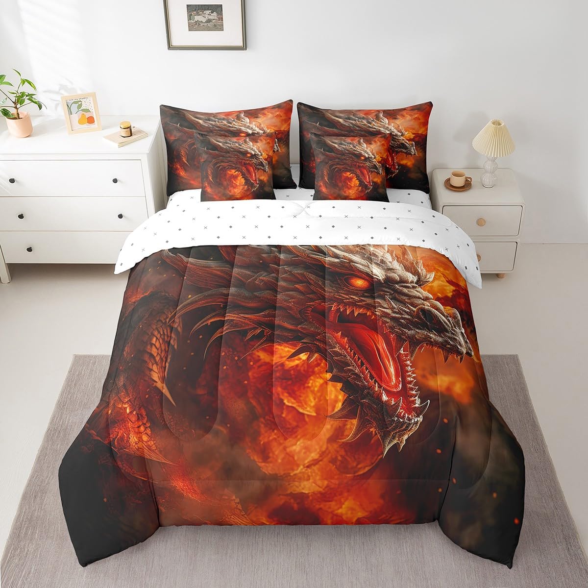7 Pieces Comforter Set Queen Size, Red Fire Dragon Bedding Bed in a Bag With Flat and Fitted Sheets for Kids and Adults, 3D Fire Dragon Comforter Set With Pillowcases & Pillow Covers