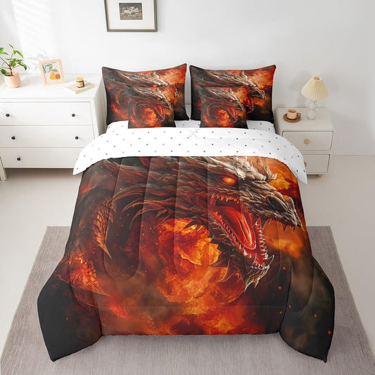 7 Pieces Comforter Set Queen Size, Red Fire Dragon Bedding Bed in a Bag With Flat and Fitted Sheets for Kids and Adults, 3D Fire Dragon Comforter Set With Pillowcases & Pillow Covers