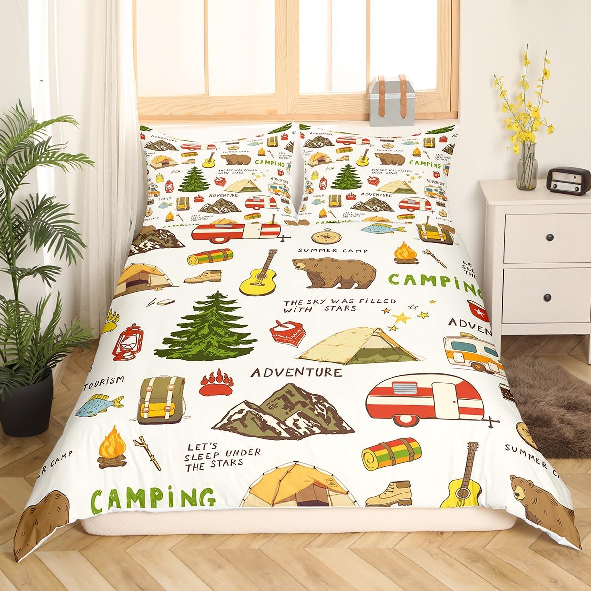 Camping and Adventure Bedding Set King Size,Cartoon Bear Camper Car Duvet Cover Set for Kids Girls Boys Teens Room Decor,Happy Camping Comforter Cover Outdoor Travel Quilt Cover,2 Pillowcases