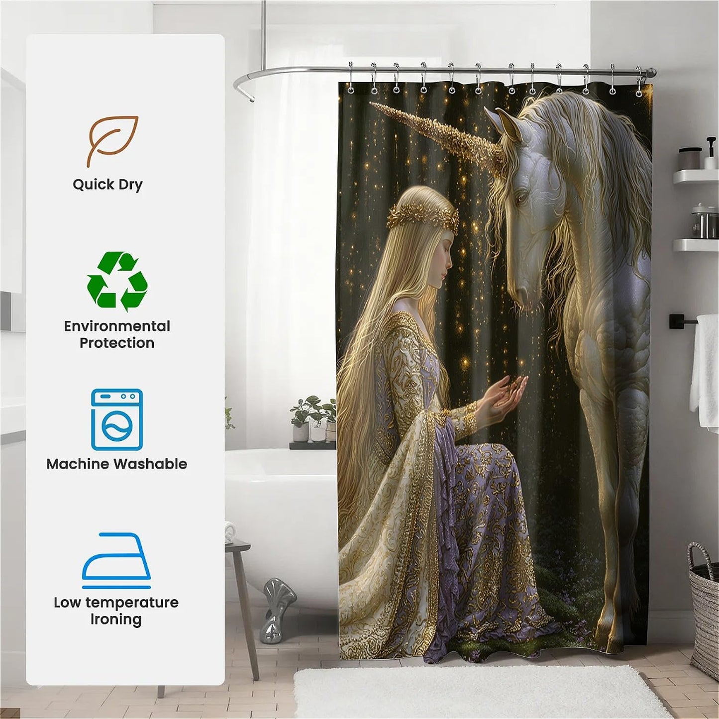 TANGXUNFA Princess and Unicorn Shower Curtain for Bathroom, Water-Resistant Long Shower Curtain Set 72x72 Inch with Metal Grommets and 12 Metal Hooks