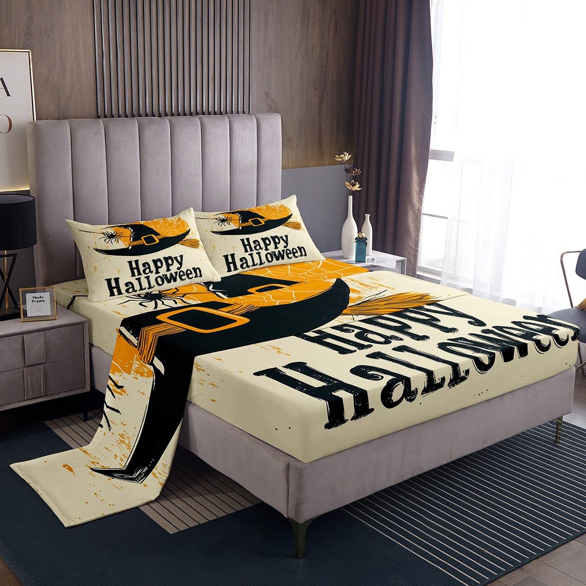 Feelyou Kids Happy Halloween Bedding Set Full Size, Witch Bed Sheets Set Boys Girls Spider Web Sheet Set Horror Decor Teens Bedroom Decor 4Pcs