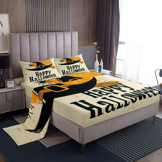 Feelyou Kids Happy Halloween Bedding Set Full Size, Witch Bed Sheets Set Boys Girls Spider Web Sheet Set Horror Decor Teens Bedroom Decor 4Pcs