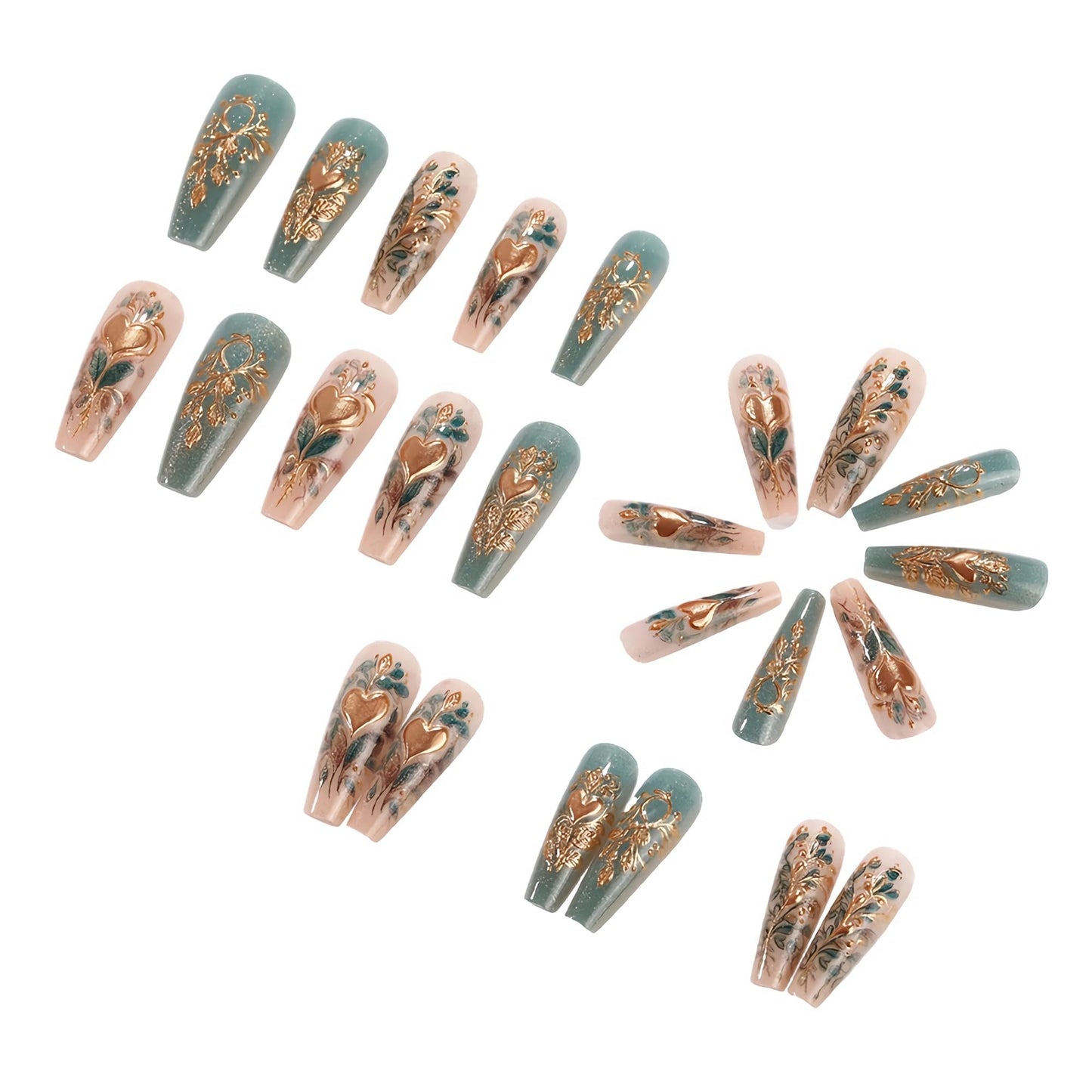 MERVF Coffin Press on Nails Long, Green Gold Fake Nails 3D Heart Leaf Glue ons Glitter Luxury Design Acrylic Nail Glossy 24pcs