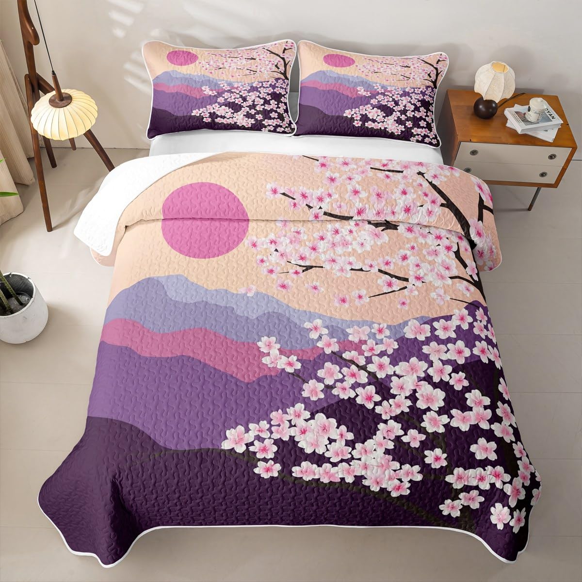 Erosebridal Cherry Blossoms Quilt Full Pink Flowers Quilt Set Japanese Style Quilted Bedspread Branches Plant Floral Bedding Coverlet