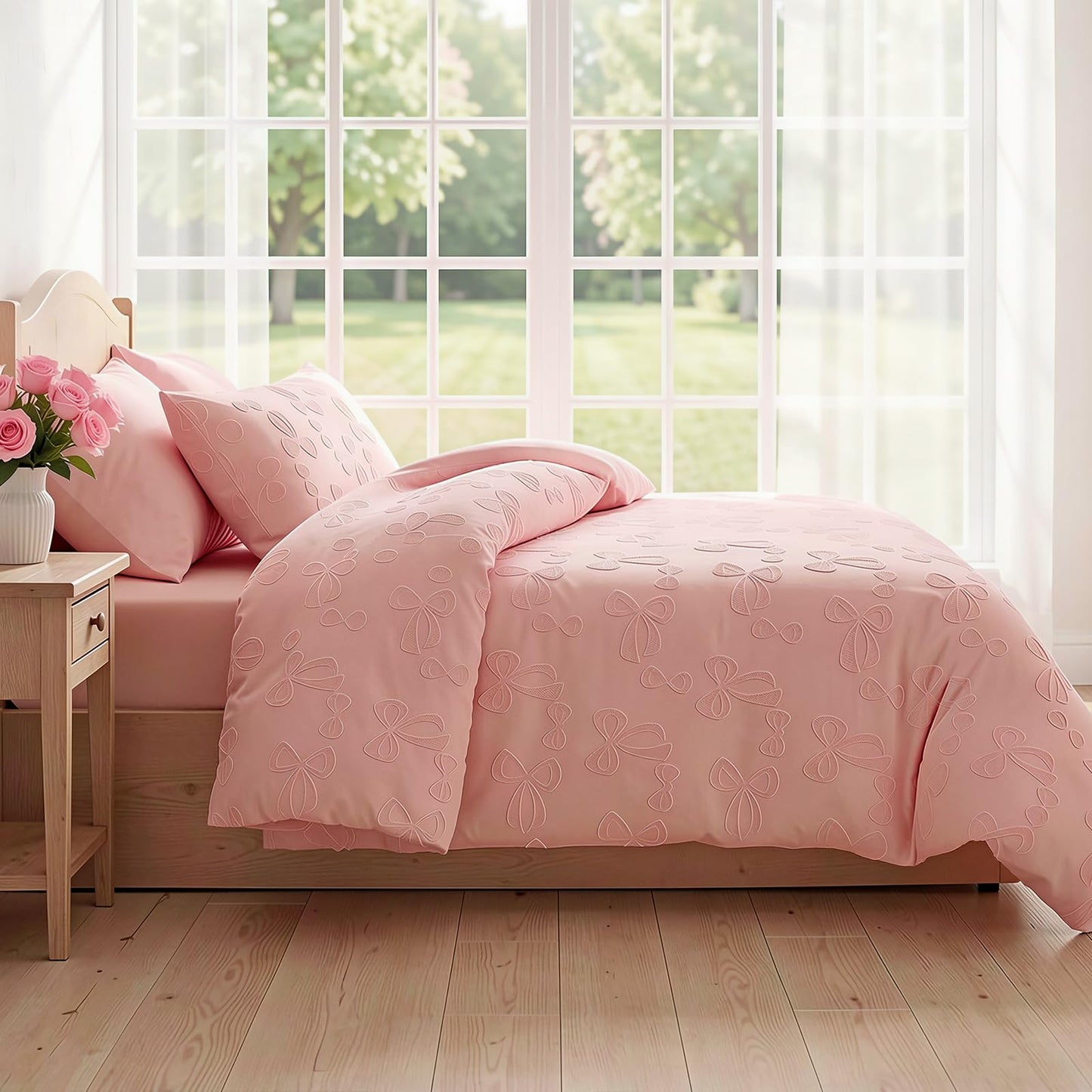 Jameswish 7 Pieces Bow Comforter Set for Girls Kids Pink Tufted Boho Bedding Set Queen Size Farmhouse Bed in A Bag as Gifts (1 Comforter, 1 Flat Sheet, 1 Fitted Sheet, 2 Pillowcase and 2 Pillow Sham)