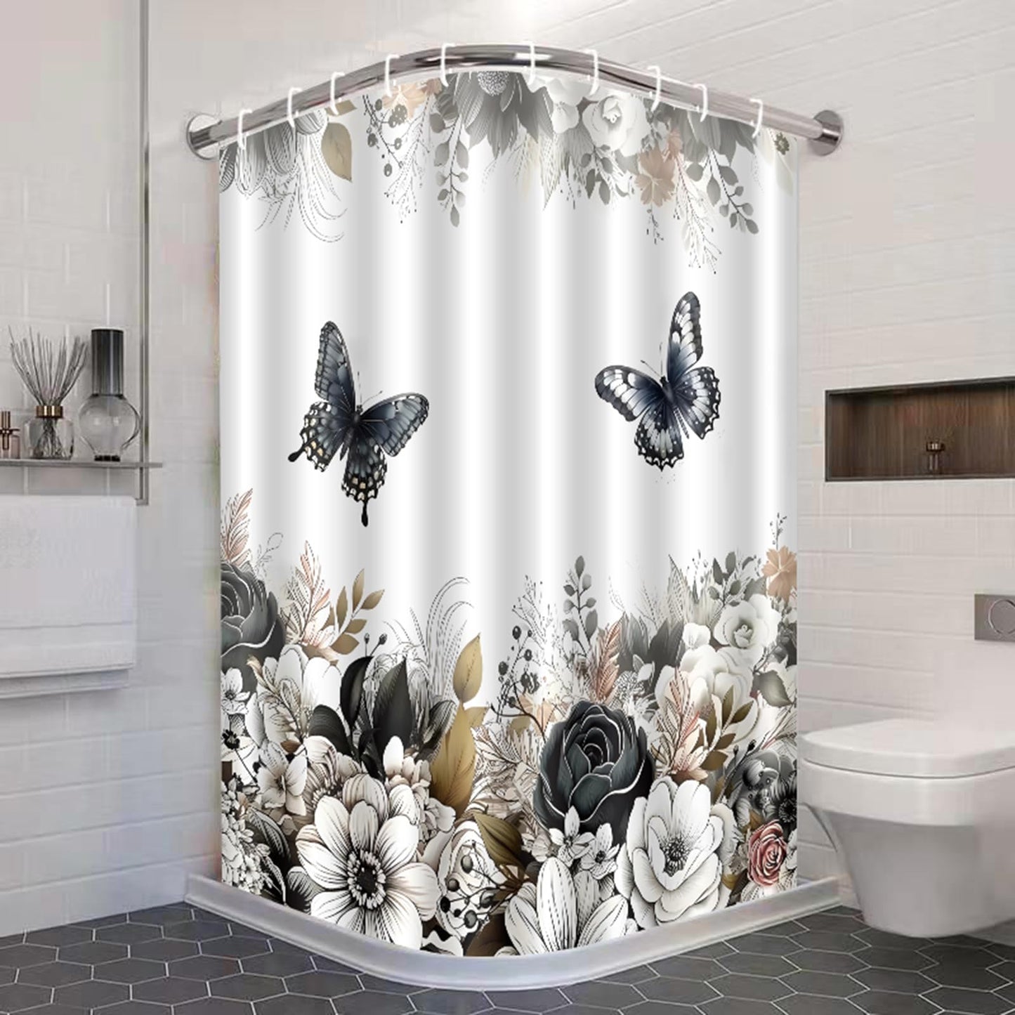 Aqrbeci Black White Floral Shower Curtain, Flower Butterfly Shower Curtains for Bathroom Grey Floral Leaf Waterproof Fabric Bathroom Curtains 72x72 Inch with 12 Plastic Hooks