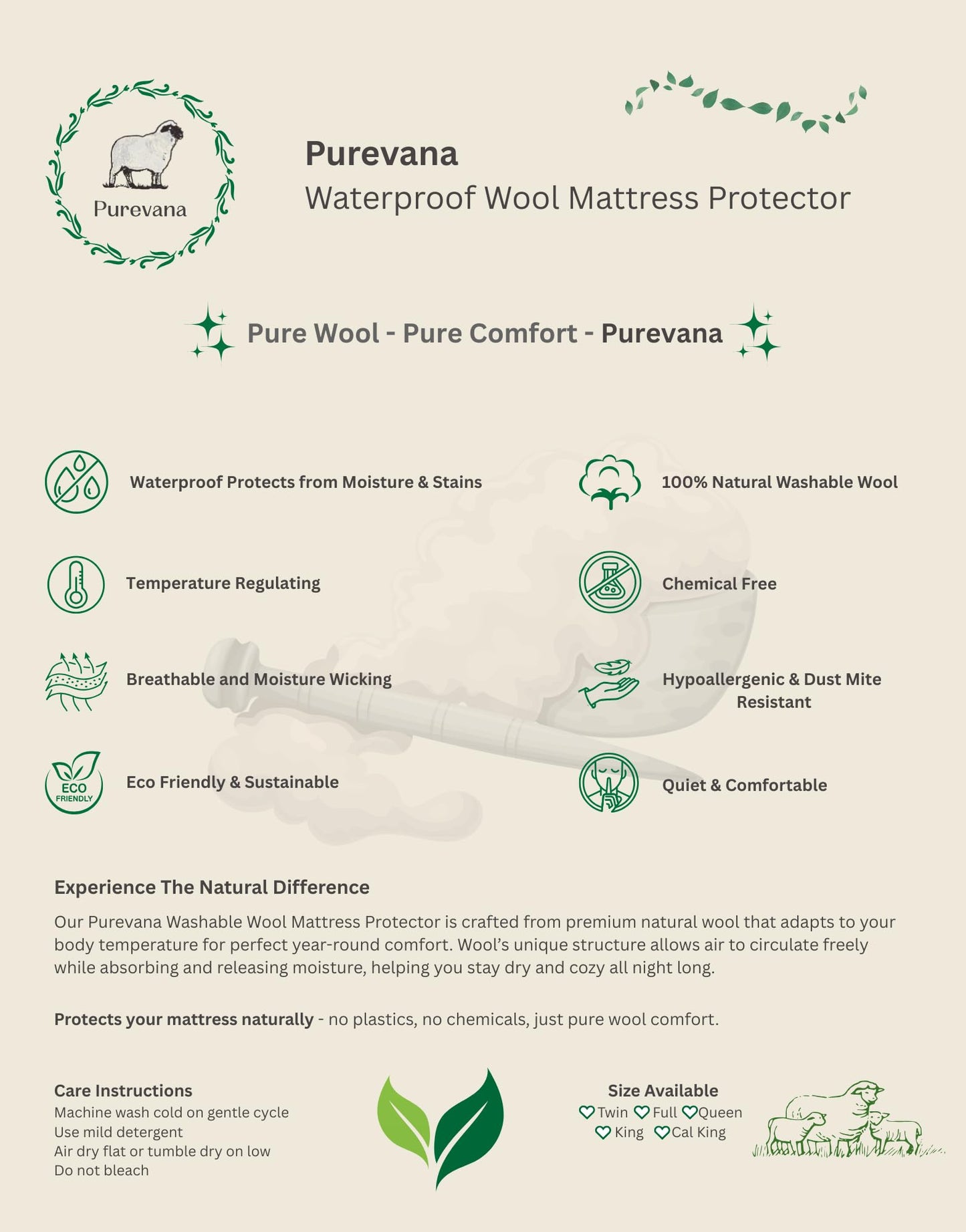Purevana Waterproof Mattress Protector with Washable Wool Filling, Natural Cotton Top, Breathable, Temperature Regulating, Moisture-Wicking, Washable Cover, Full