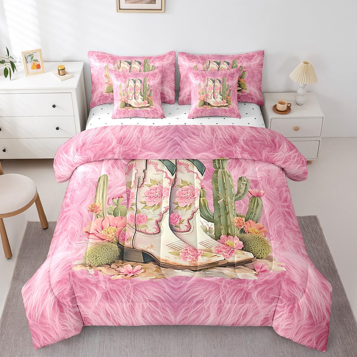 Feelyou Cowgirl Boots Comforter Set 7 Pieces Twin Size Kids, Western Pink Cow Fur Print Bedding Set Boys Girls, Floral Bed in a Bag,Comforter + Sheets + Pillowcases + Cushion Covers（No Real Fur）