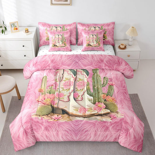 Feelyou Cowgirl Boots Comforter Set 7 Pieces Twin Size Kids, Western Pink Cow Fur Print Bedding Set Boys Girls, Floral Bed in a Bag,Comforter + Sheets + Pillowcases + Cushion Covers（No Real Fur）