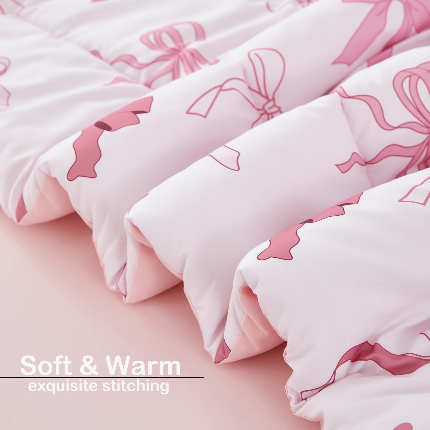 ANGIYUIN Pink Bow Full Size Comforter Sets, Ribbon Bow Knot Girls Bedding Set, 6 Pieces Lover Hearts Stars Kids Bed in a Bag with Sheets(Bow Full)