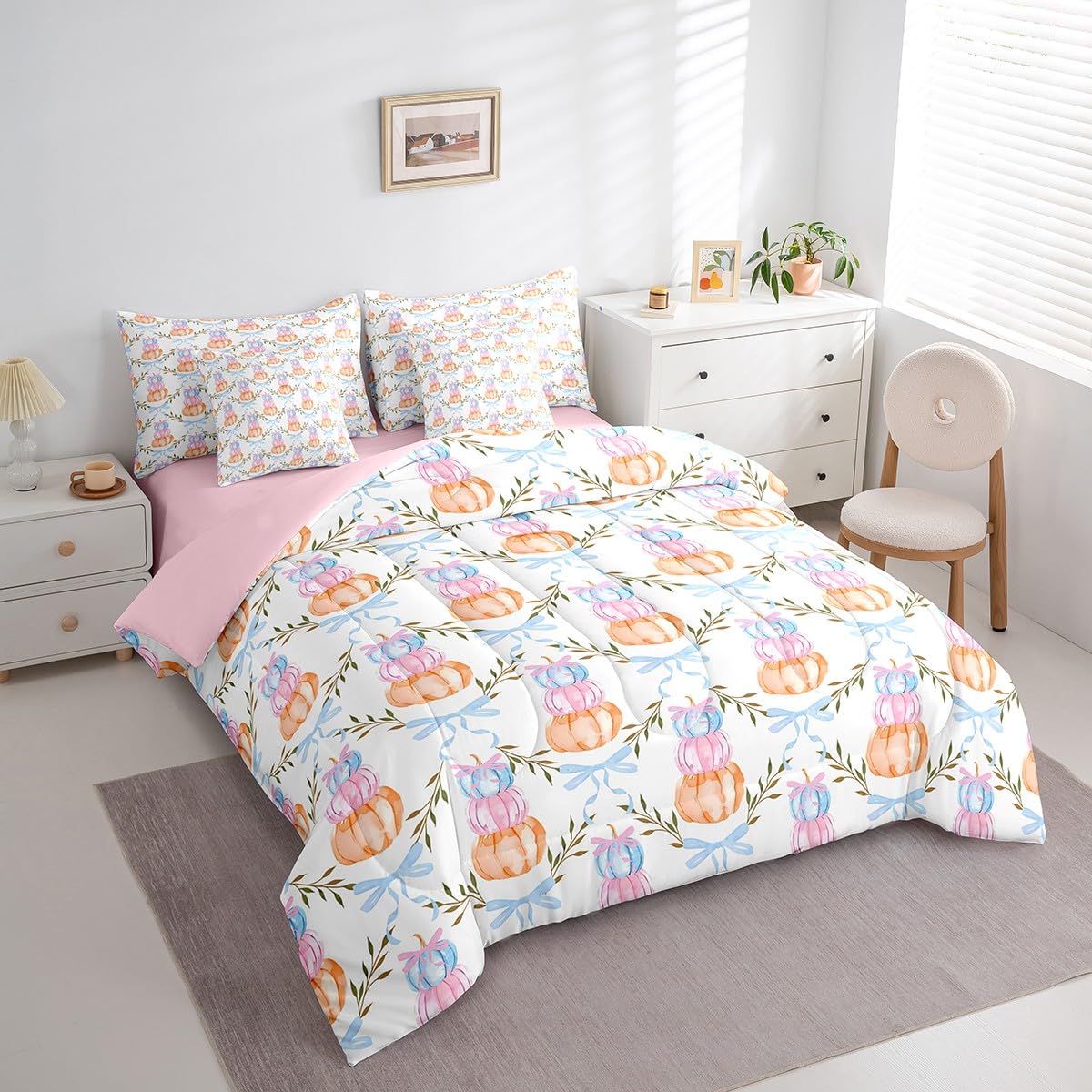 7 Pieces Watercolor Pumpkin Comforter Set Full Size,Pink Blue Bow Print Bedding Sets Kids Teens Adult Fall Plants Bow Grid Striped Quilt + Fitted & Flat Sheets + 2 Cushion Cover + 2 Pillowcases