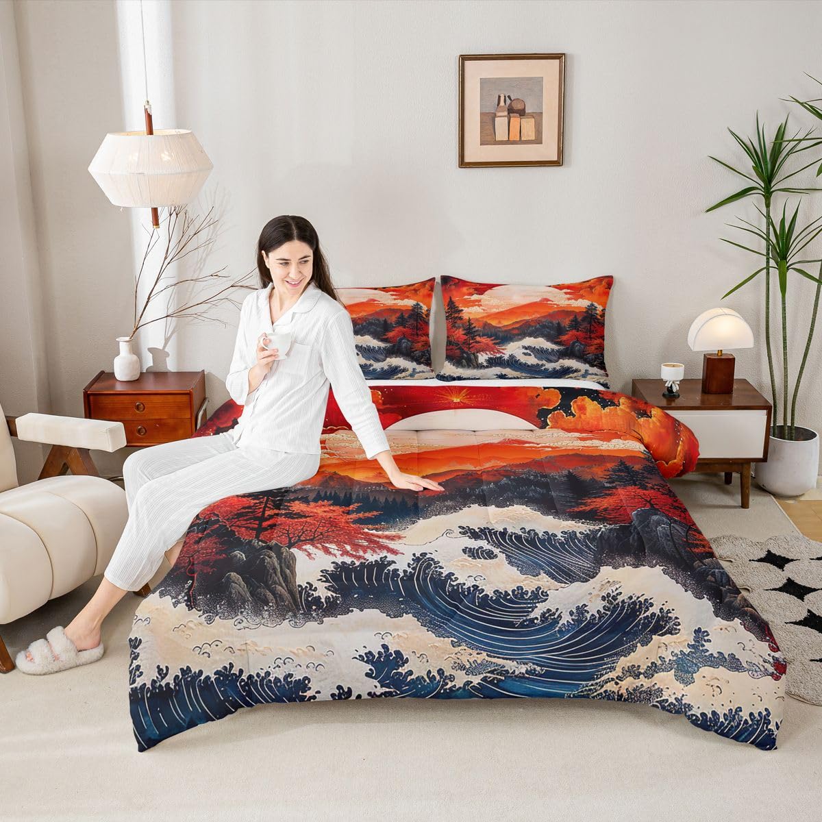 jejeloiu Wave Comforter Set All Season Red Sun Bedding Set with 2 Pillow Cases Japanese Style Microfiber Kids Queen Bedclothes Ocean Wave Bedroom Decor Duvet Quilt Breathable Soft Lightweight
