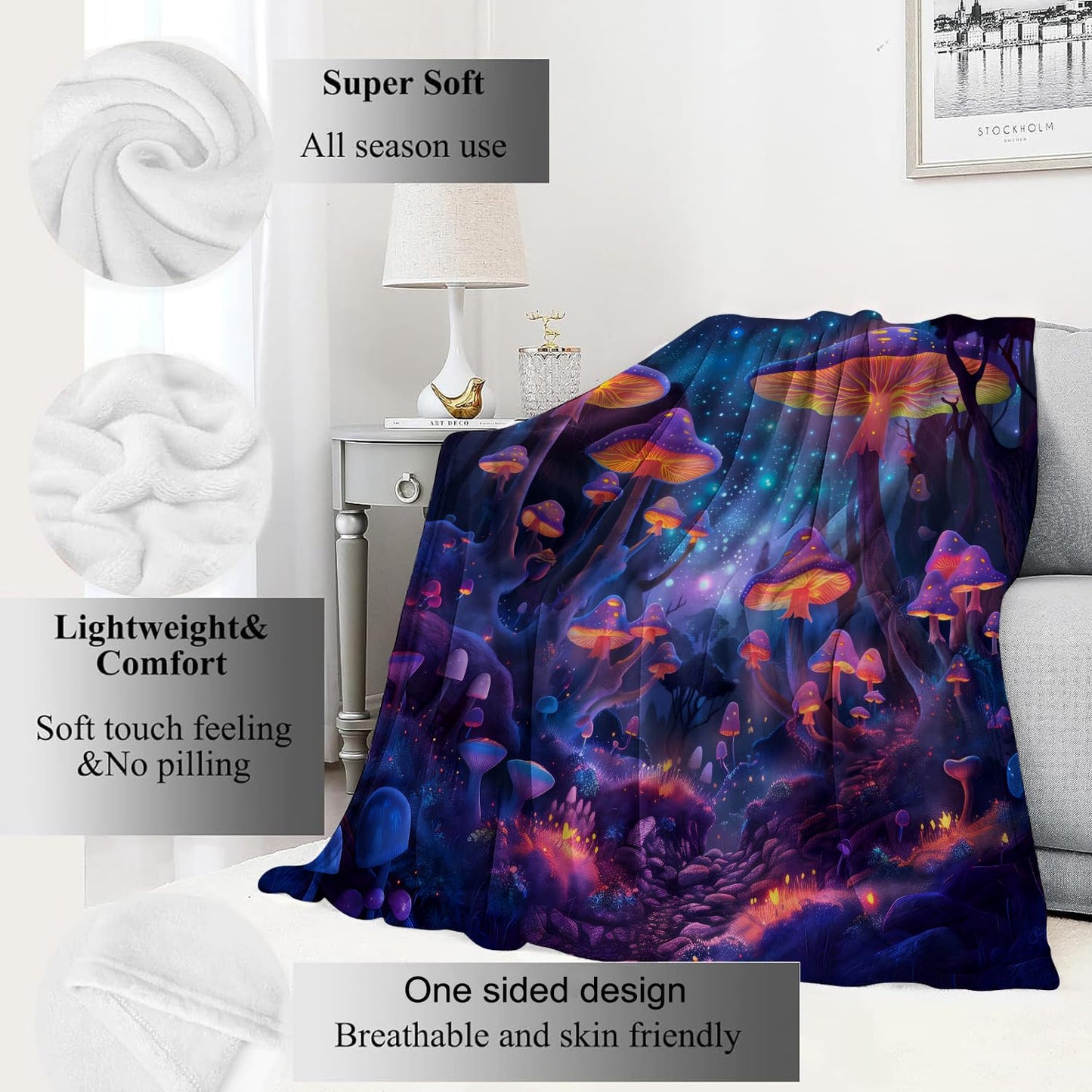 VODRM Mushroom Blanket Enchanted Forest Throw Blankets,Birthday Gifts for Kids Adult,Lightweight Soft Fleece with Glowing Starry Night,for Sofa Couch Bed Room Artistic Decor 50x60in
