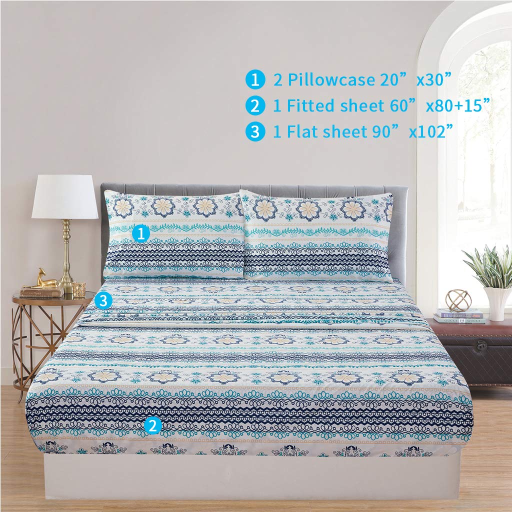 JSD Blue Boho Printed Sheet Set Queen Size, 4 Piece Soft Floral Microfiber Sheets Extra Deep Pocket