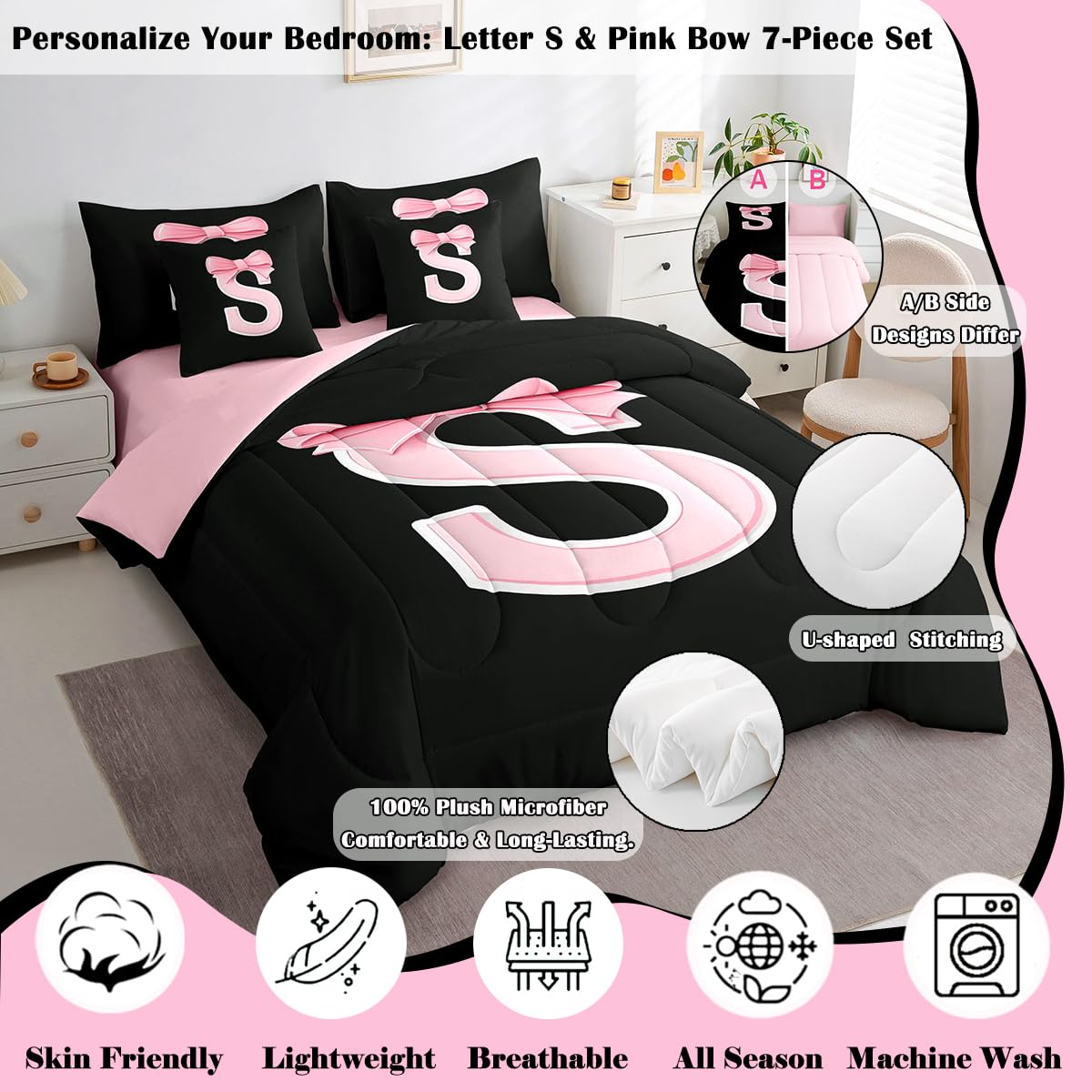 jejeloiu Kawaii Pink Bow Twin Comforter Set with Sheets,Gifts for Women Teen Girl,Monogrammed 7 Piece Bedding Set,Soft Personalized Initial Letter S Bed in a Bag with Comforter,Sheets,Pillowcases