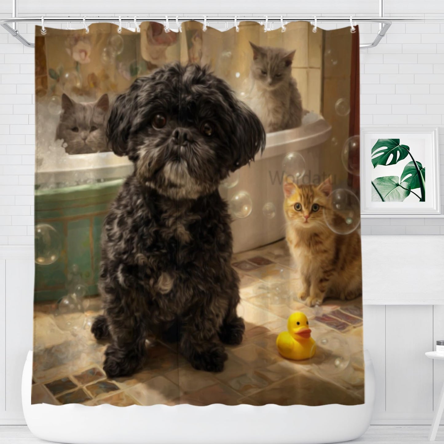 Wordatu Black Shih Tzu Shower Curtain Bathroom Set 72X72 Inches Funny Cat Lovely Animals in Bathtub for Boys Bath Farmhouse Art Home Decor Fabric 12 Hooks