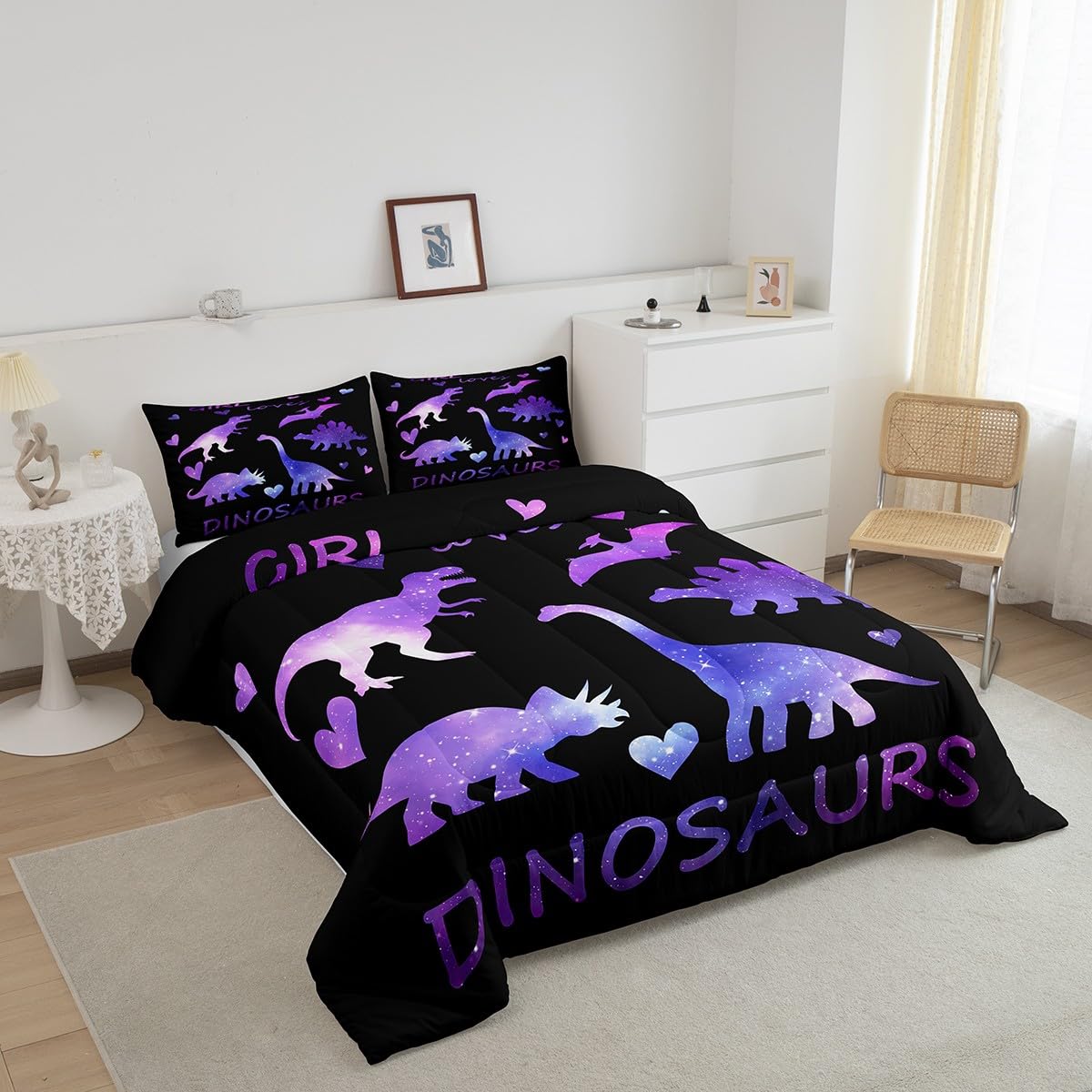 Girls Dinosaur Comforter Set Kids Galaxy Dino Bedding Set for Children Women Bedroom Cartoon Universe Jungle Animal Decor Comforter Outer Space Starry Sky Dinosaurs Duvet Set King with 2 Pillow Case