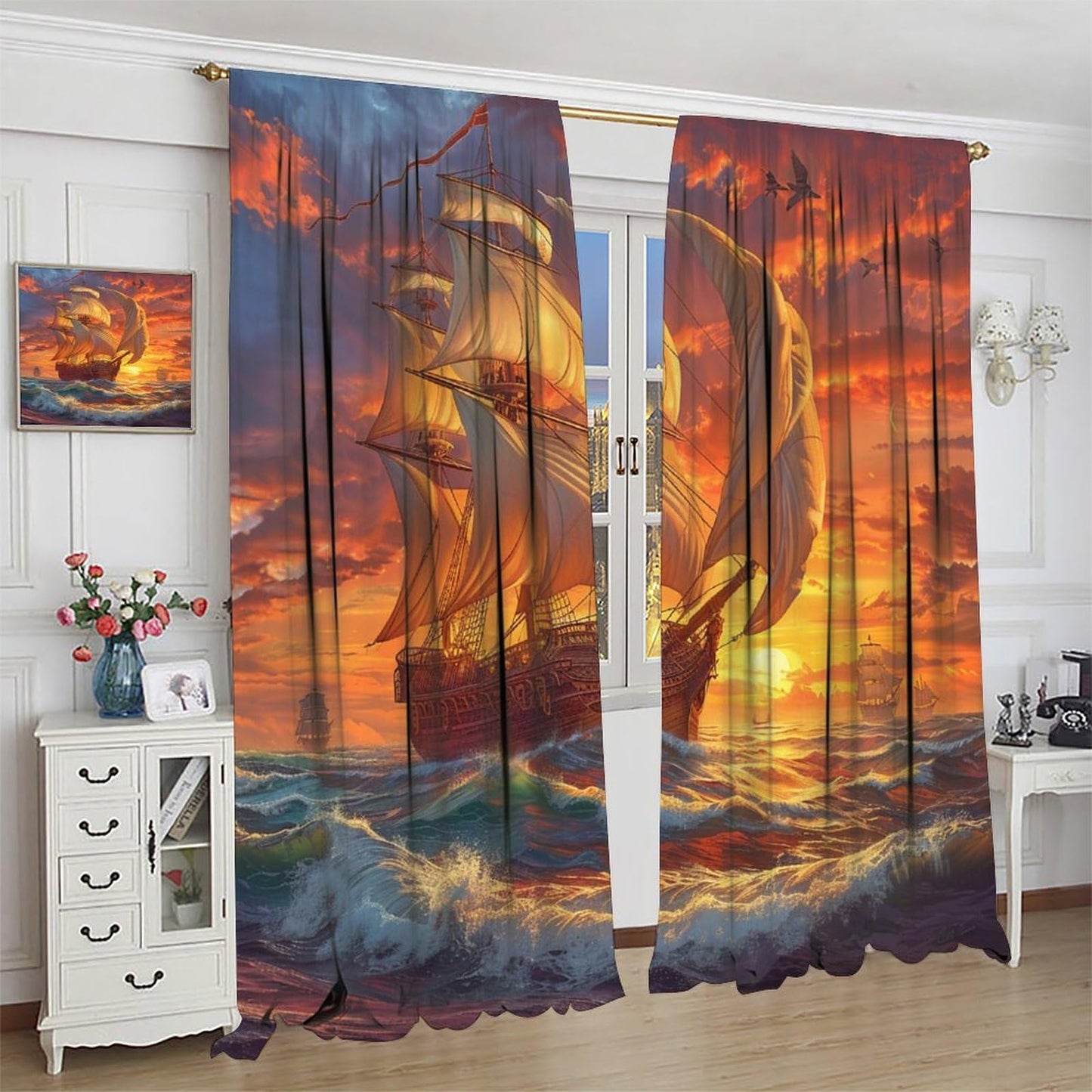 TOWINSFB Fine Sailboat Ship Ocean Blackout Curtains for Living Room Bedroom, Nature Landscape Window Curtains Rod Pocket Thermal Insulated Window Drapes, 2 Panels, Each 21" W x 63" L