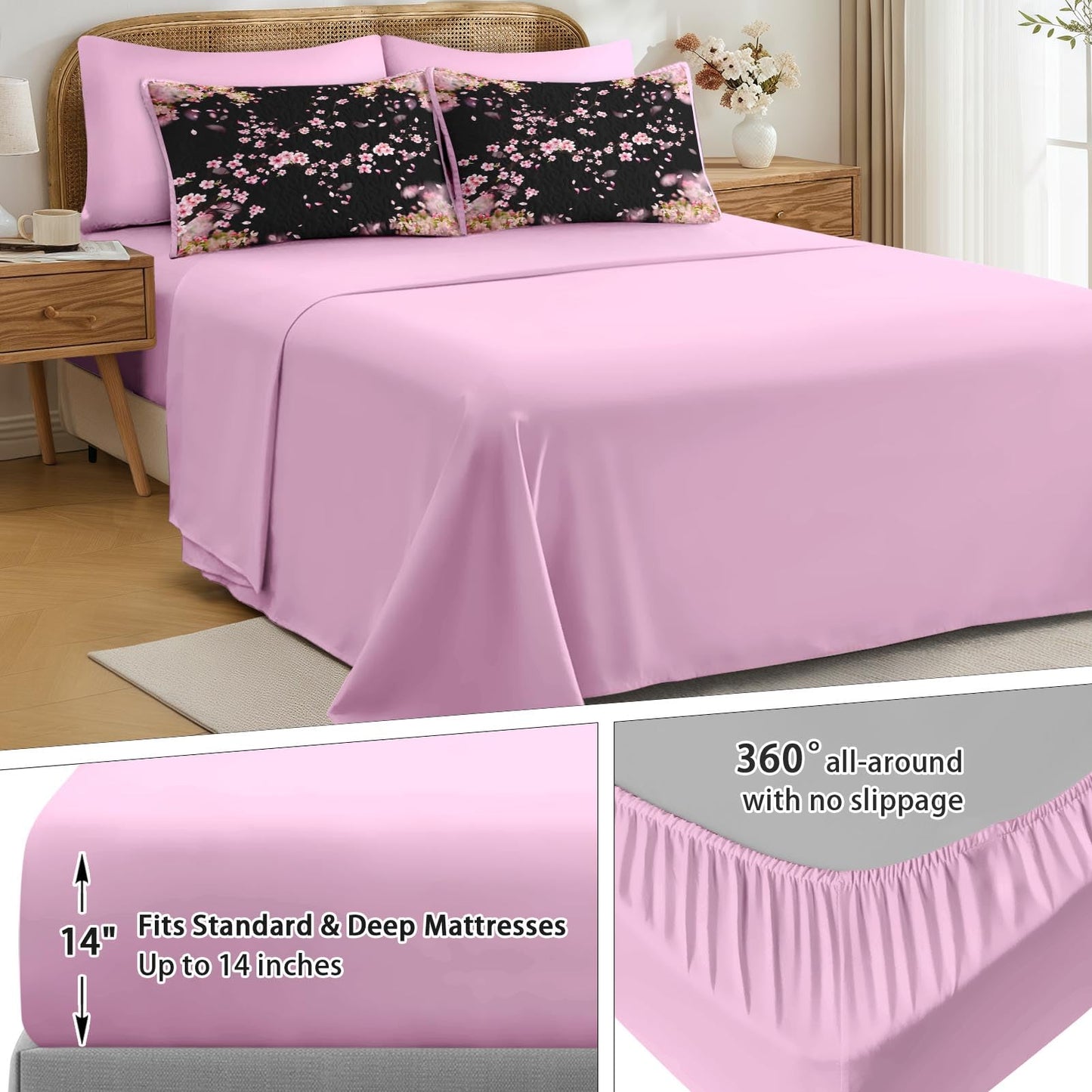 Pamnest 7 Pcs Quilt Set Queen Size, Cherry Floral Pink Soft Bed Cover Bedding Set for Kids and Adults, Japanese Black Bedspread with Fitted Sheet 2 Pillowcases & 2 Shams for All Season