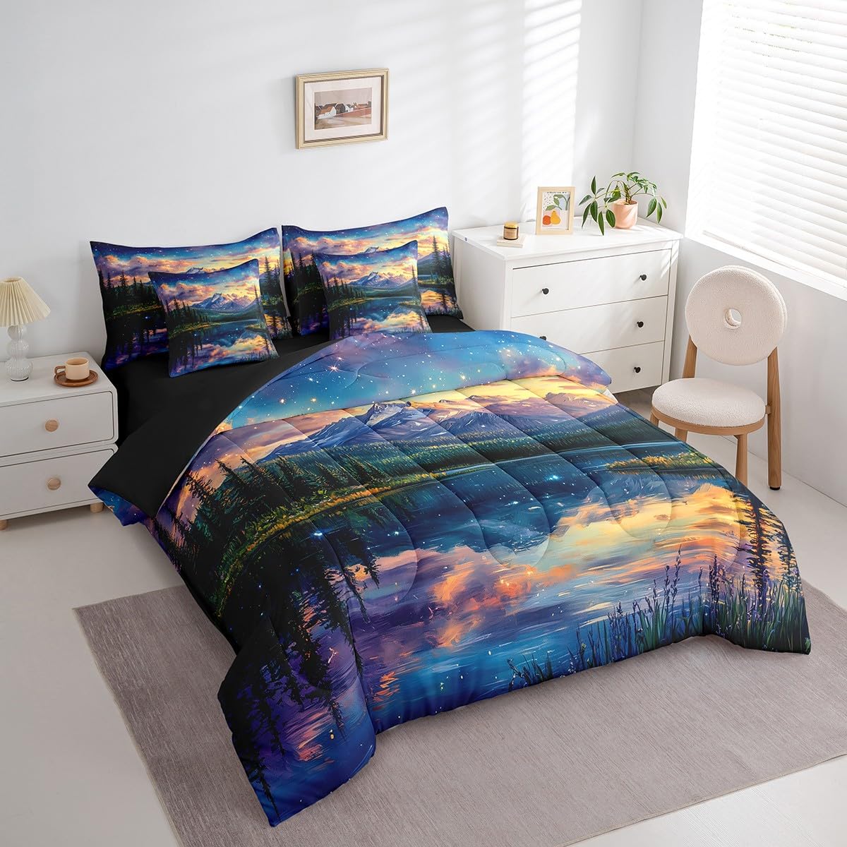 jejeloiu Mountain Lake Comforter Set with Sheets Twin Size Kids Dreamy Star Sky Tree 7 Pieces Bedding Set for Boys Girls Teens Nature Landscape Bed in a Bag Breathable Galaxy Bed Set Room Decor