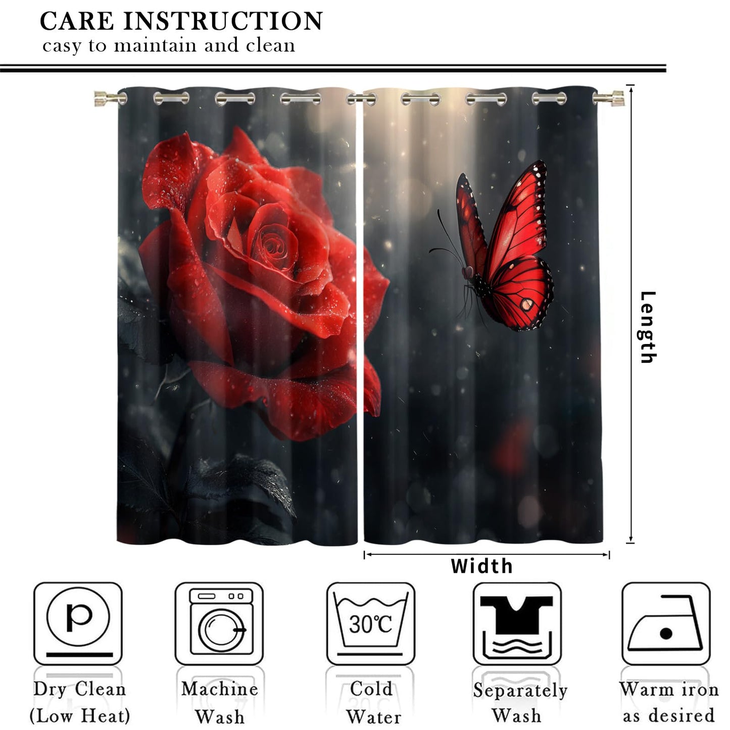 JAXIUOF Red Flowers Curtains 39 Inch Long 2 Panels Butterfly Rose Plants Blackout Curtains, Romantic Floral 3D Printed Drapes, Grommet Top Window Treatments for Bedroom Office Kitchen