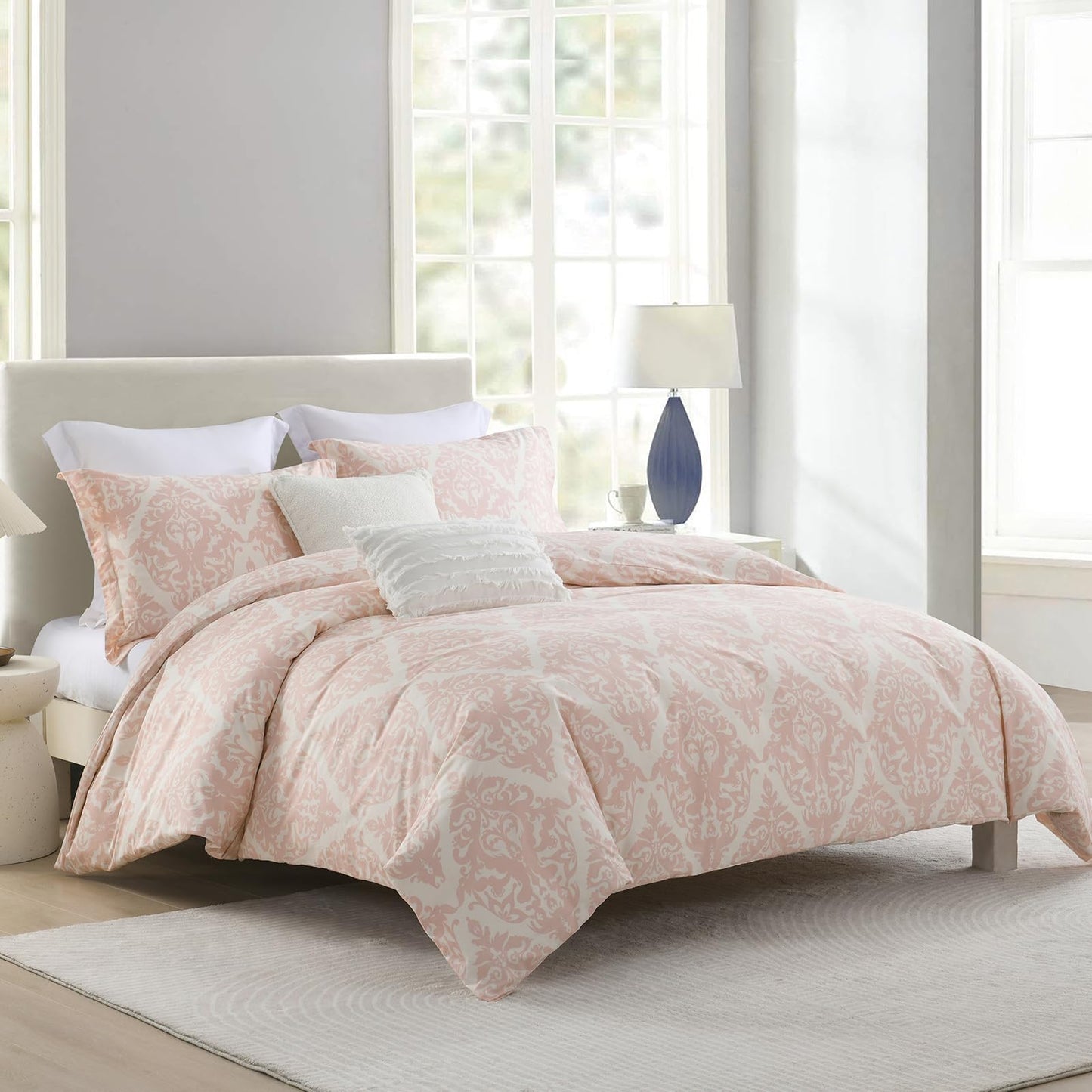 VOOVY Duvet Cover King - 100% Cotton Duvet Cover King Size, 3 Pieces Damask Medallion Super Soft Breathable Bedding Covers Set for All Season, (Pink, 104"x90", No Comforter)