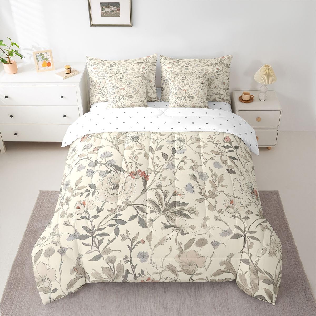 Erosebridal Floral Comforter Set Groovy Flower Bed in A Bag Queen Size 7 Pieces Oriental Blooming Bed Set Room Decor Natural Garden Botanical Bedding with Sheets
