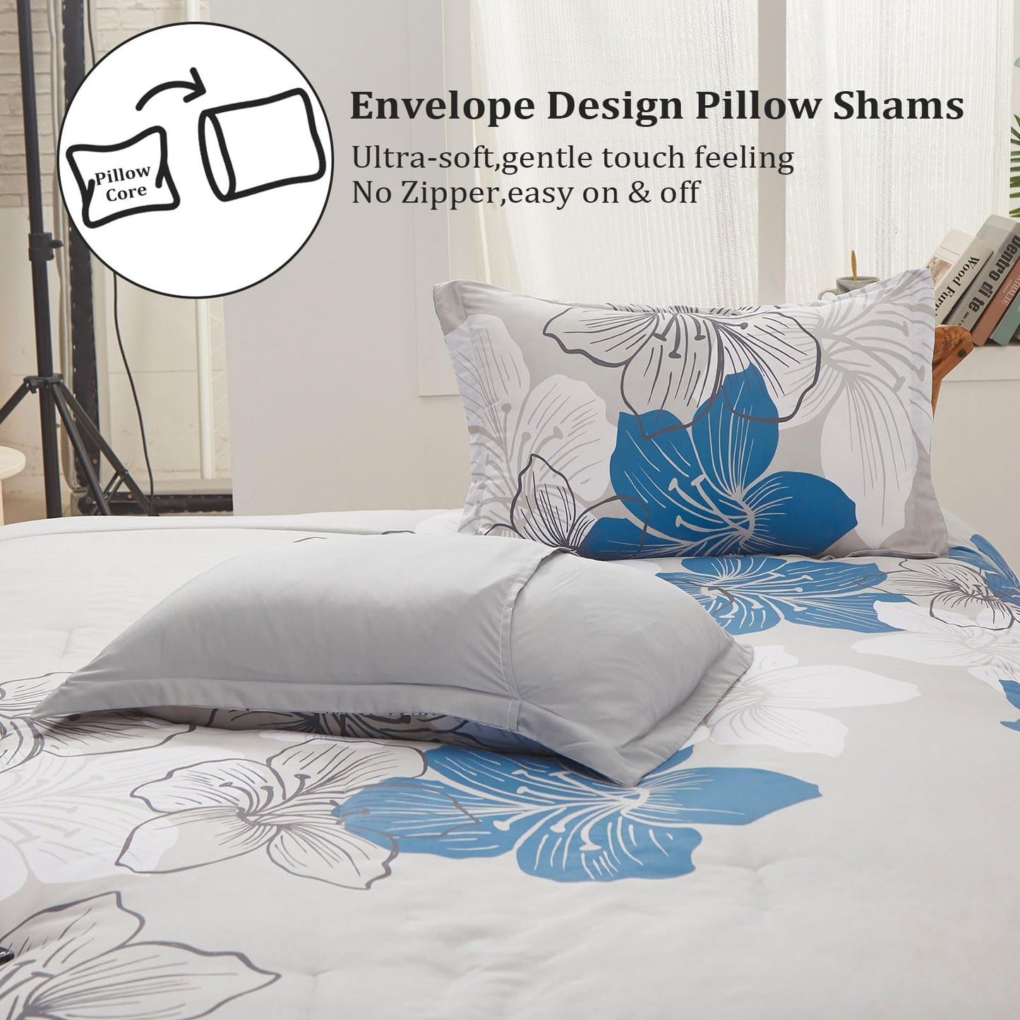 Menghomeus Floral Comforter Set Queen 3 Piece Blue Floral Pattern Printed on Grey Soft Microfiber Bedding Set Lightweight Bed Comforter Set for All Season (1 Comforter, 2 Pillowcases)