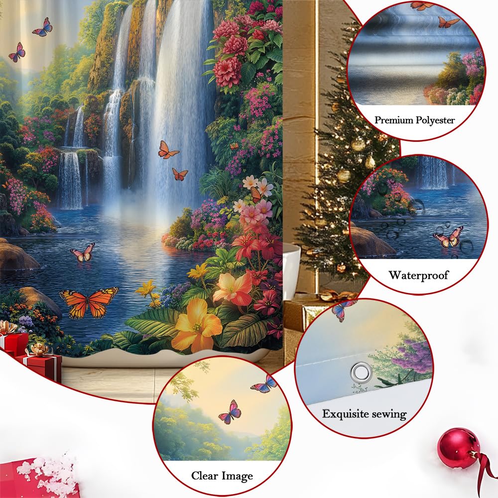 ZFMRZF Forest Waterfall Shower Curtain Butterfly Spring Jungle Rainforest Wonderland Fantasy Tropical Fairy Tale World Flower Nature Landscape Bathroom Polyester Curtains Set with Hooks 70x70 Inch