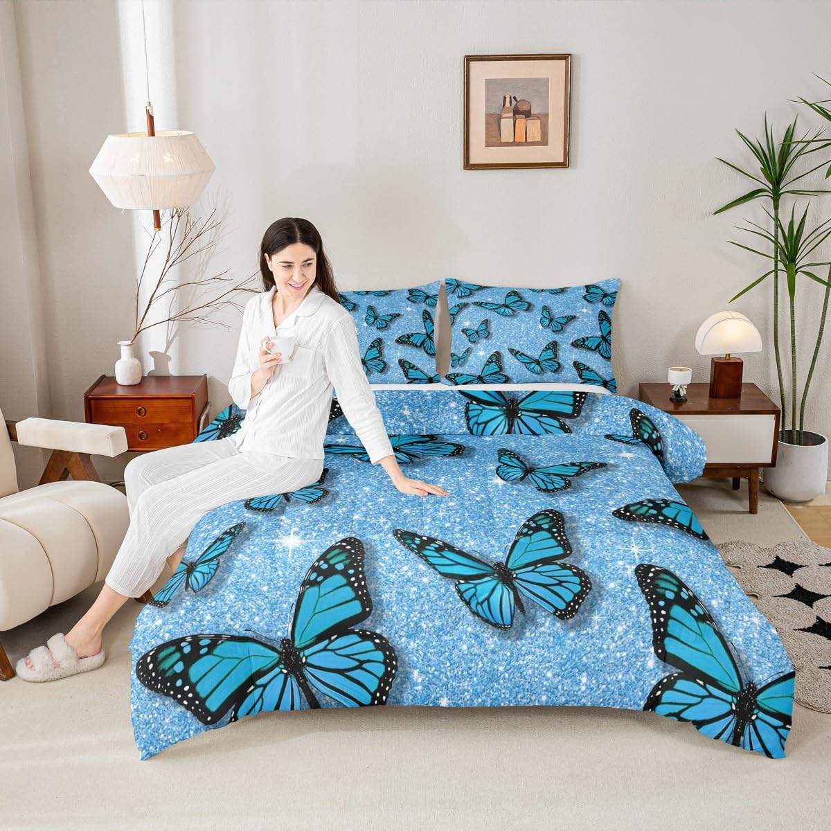 Castle Fairy Butterfly Glitter Comforter Set Queen Size,Blue Starry Galaxy Bedding Set for Kids Girls Teens Adults Room Decor,Fantasy Flying Animals Quilt Set Sparkling Diamonds Duvet Insert 3pcs