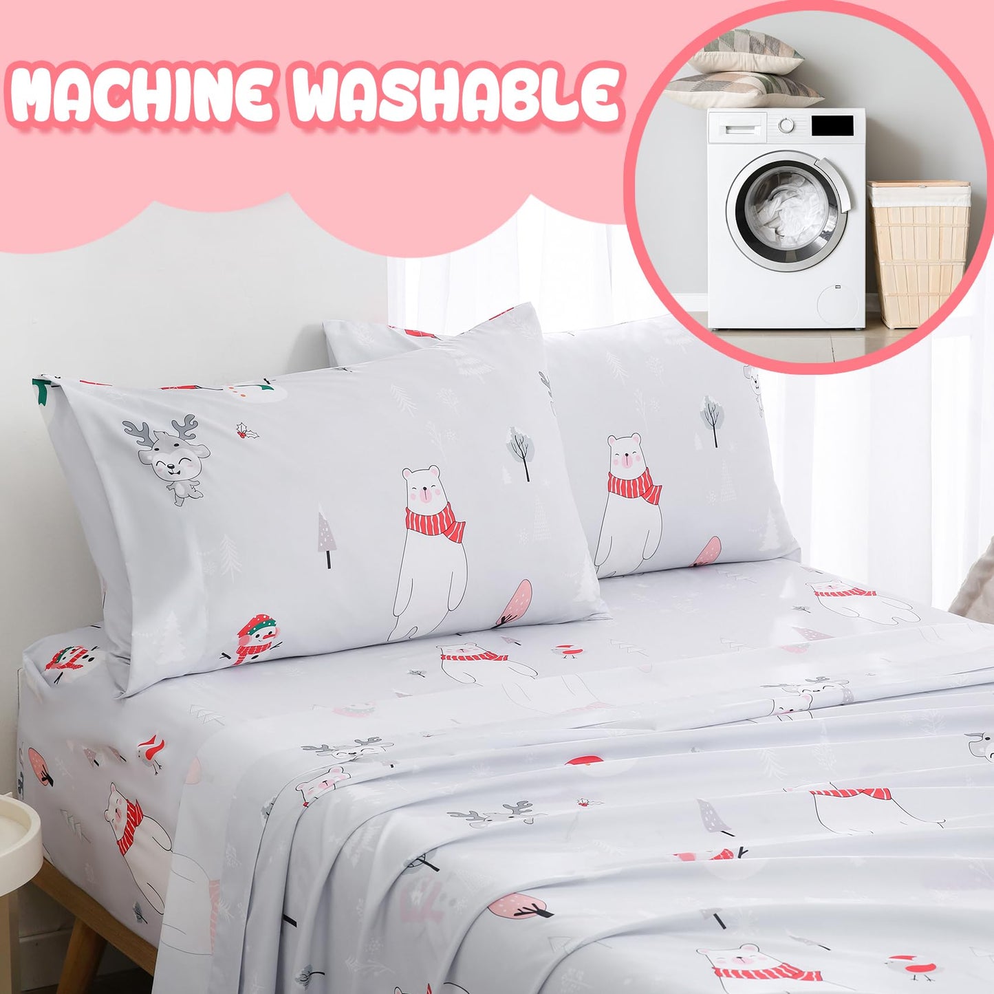 Yibeizi Kids Christmas Sheets Twin, Light Grey Bear Snowmen Printed Sheet Set for Boys Girls, Cute Microfiber Bedsheets Deep Pocket Bed Sheet & Pillowcase Sets 3 Pieces