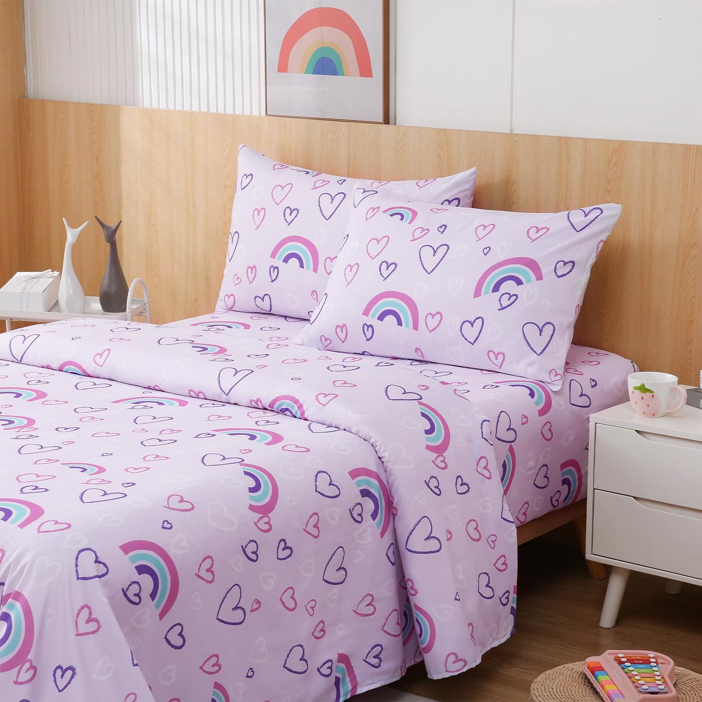 Swiftify Twin Sheet Set Kids, Rainbow Hearts Purple Sheets, 3-Piece Bed Sheet Set for Boys & Girls, Soft Brushed Microfiber Bedding, Deep Pocket, Wrinkle & Fade Resistant