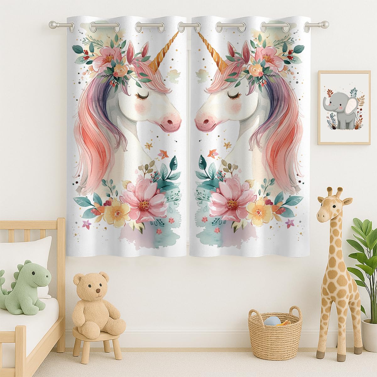 Unicorn Flower Blackout Curtains for Girls Boys Kids Home Decor, Fantasy Floral Pink Cartoon Unicorn Grommet Thermal Insulated Drapes Darkening Window Curtain for Bedroom Living Room, 42 x 45 Inch