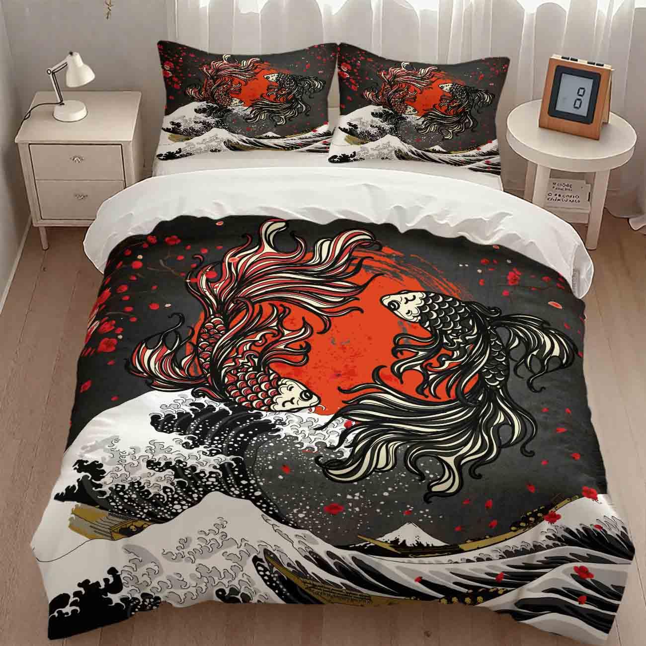Lnepty Koi Fish Bedding Set,Japanese Gold Great Wave Cherry Blossom Asian Ink Painting Oriental Koi Theme Comforter Set with Pillowcase for Bedroom Bed Decor,Twin 86"x70"