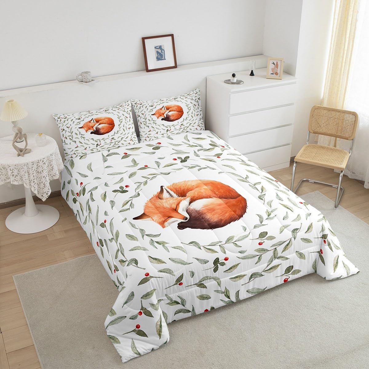 Manfei Lovely Fox Comforter Set Queen Size, Cartoon Animal Theme Quilt Set with 2 Pillowcases, Botanical Floral Leaves Print Bedding Set 3pcs for Kids Boys Girls Bedroom Decor