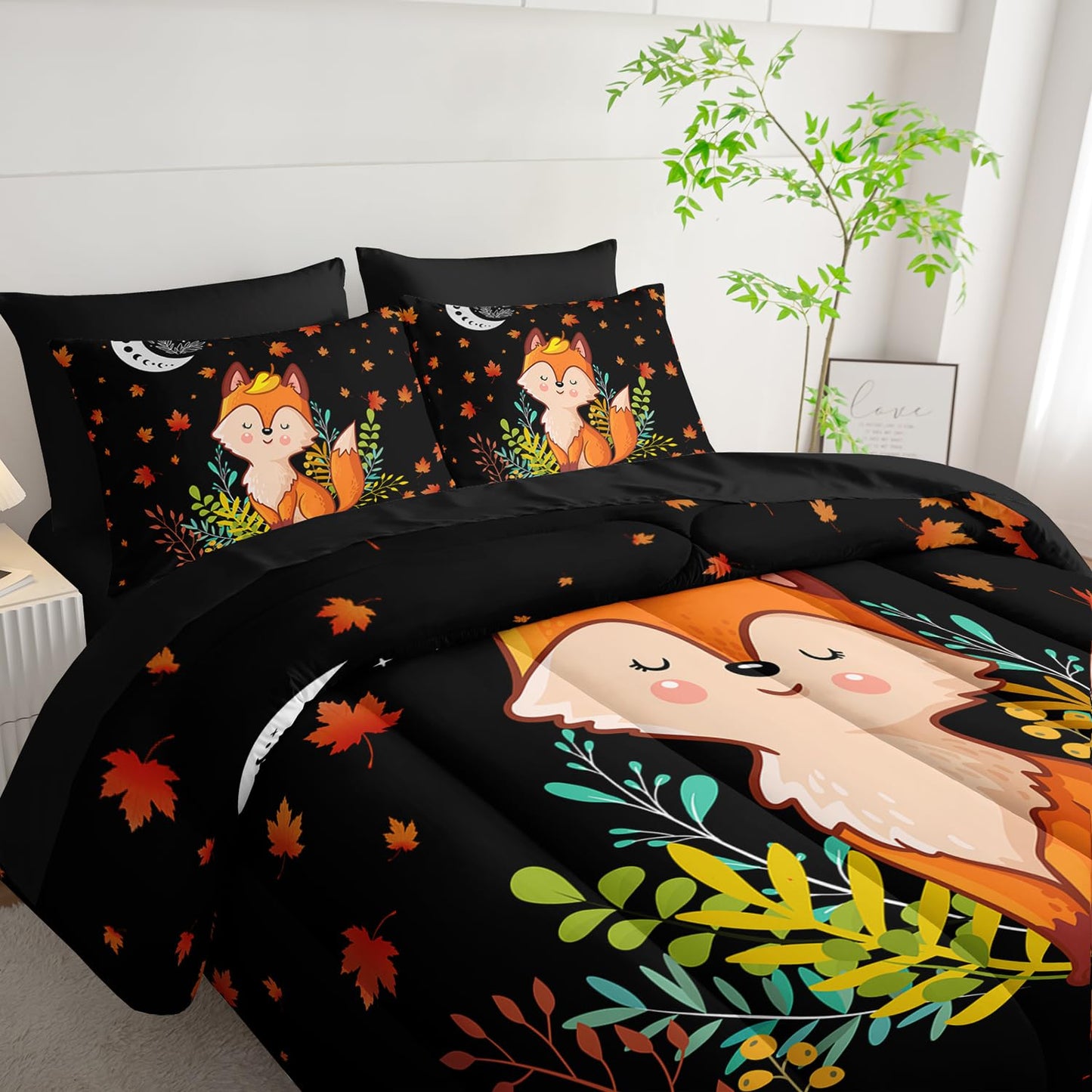 XYNHML Cartoon Fox Comforter Set 7Pcs Cute Fox Bedding Set for Kid Boy Girl Adult Moon Plants Leaves Printed Quilt Set Twin with 2 Sheets,2 Pillowcases,2 Throw Pillow Covers