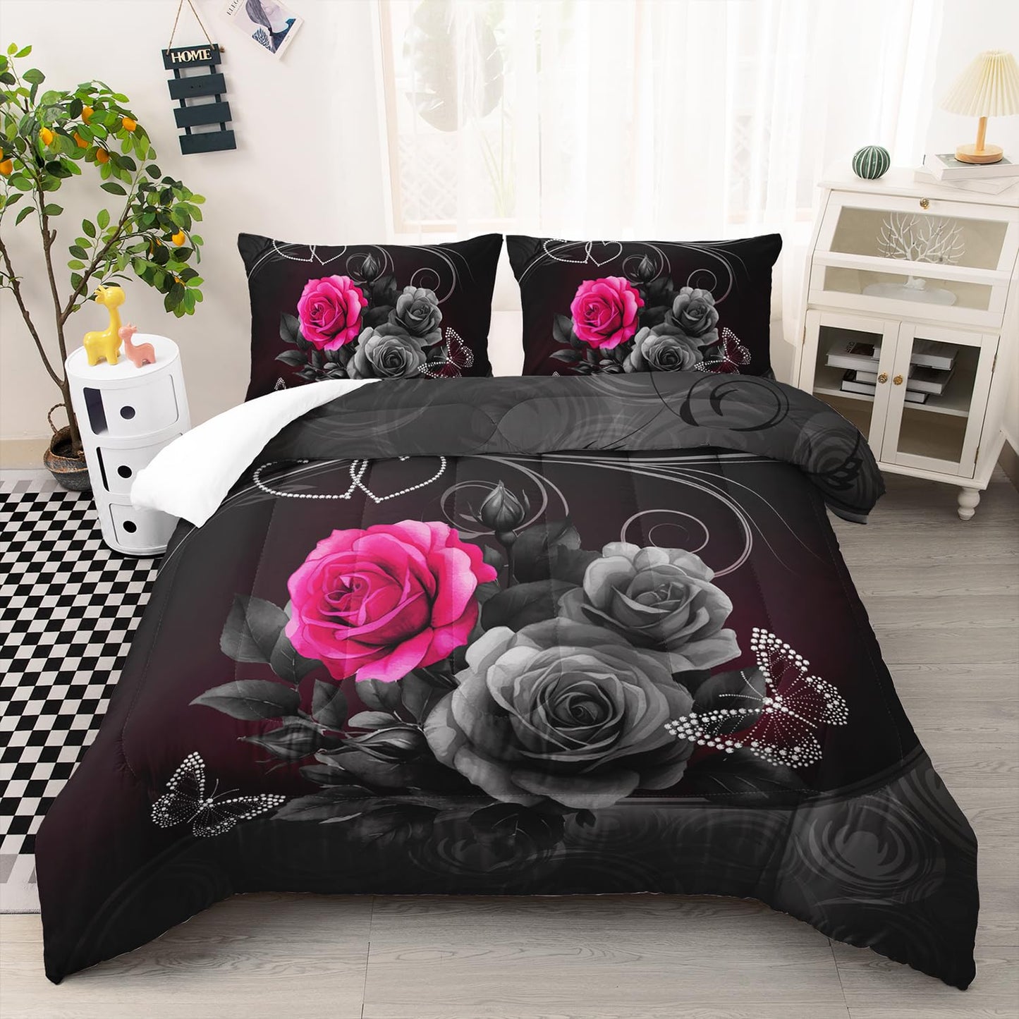 AILONEN 3D Rose Comforter Set Queen Size, 3D Oil Red Rose with Hearts Couple Lover Bedding Set for Girls,Women,Valentine Romantic Theme Duvet Set,3-Pieces, 1 Quilt and 2 Pillowcases