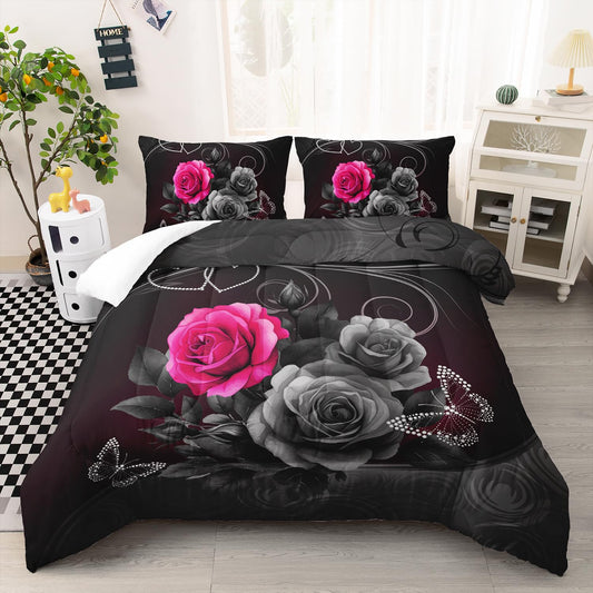 AILONEN 3D Rose Comforter Set Queen Size, 3D Oil Red Rose with Hearts Couple Lover Bedding Set for Girls,Women,Valentine Romantic Theme Duvet Set,3-Pieces, 1 Quilt and 2 Pillowcases