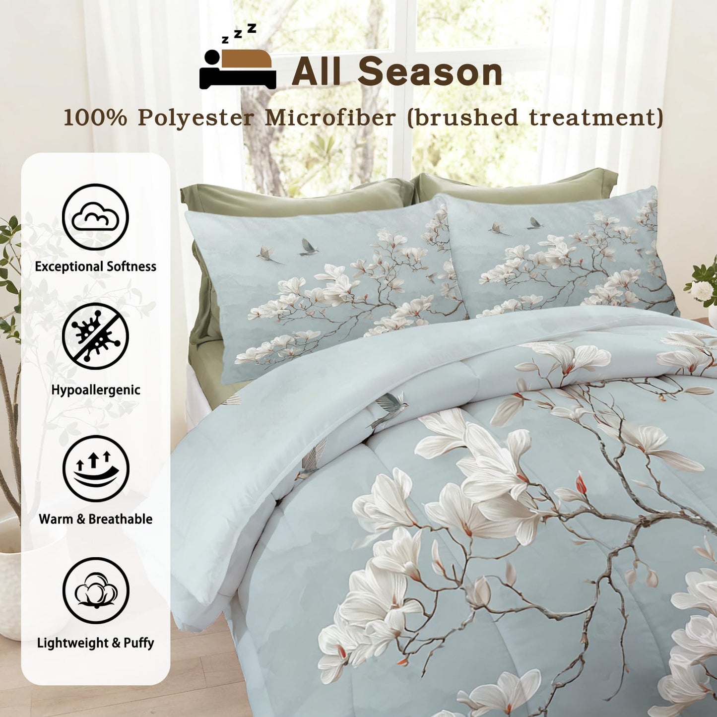 TANCAPRIUM Magnolia Comforter Set Twin - Japanese White Flower Bedding Set & 2 Pilow Cases for All Season - Soft Reversible Down Alternative 3 Piece. Floral Bedrom Decor
