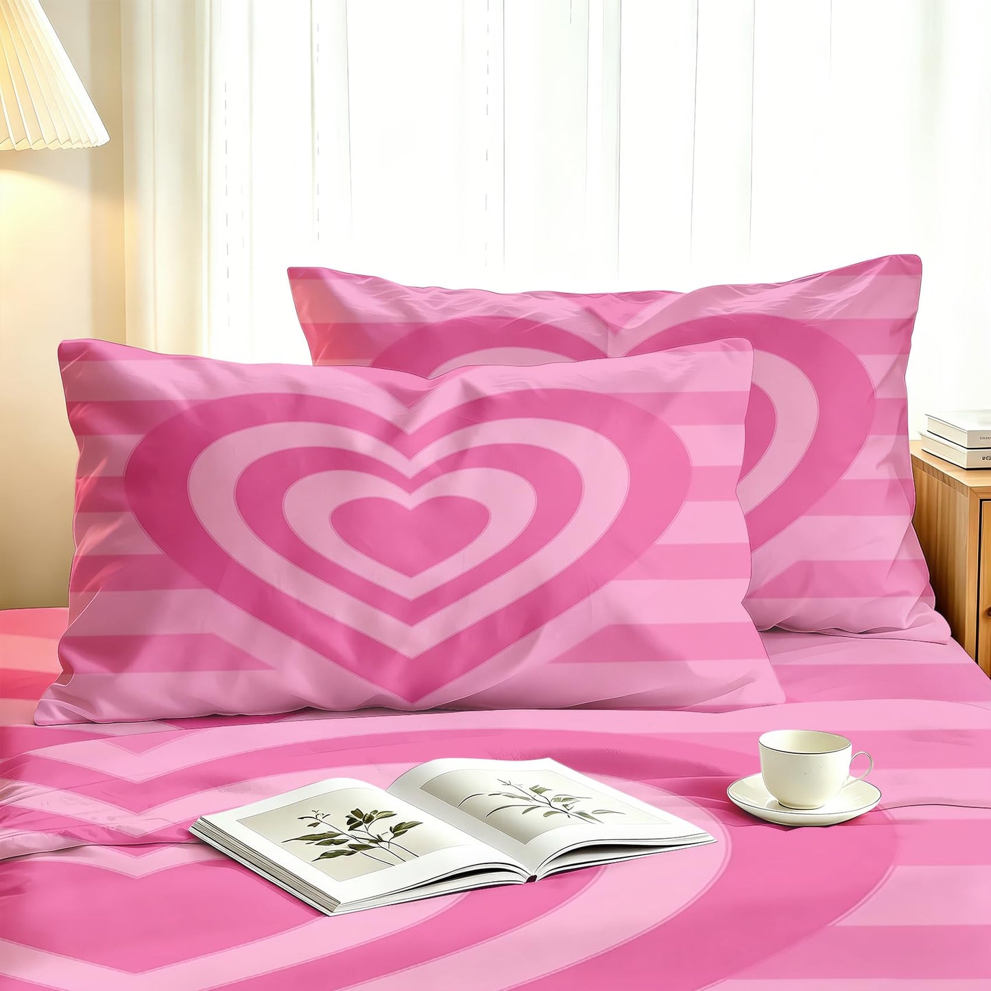 Pink Heart Striped Queen Bedding Set Retro 70s Sheet Sets