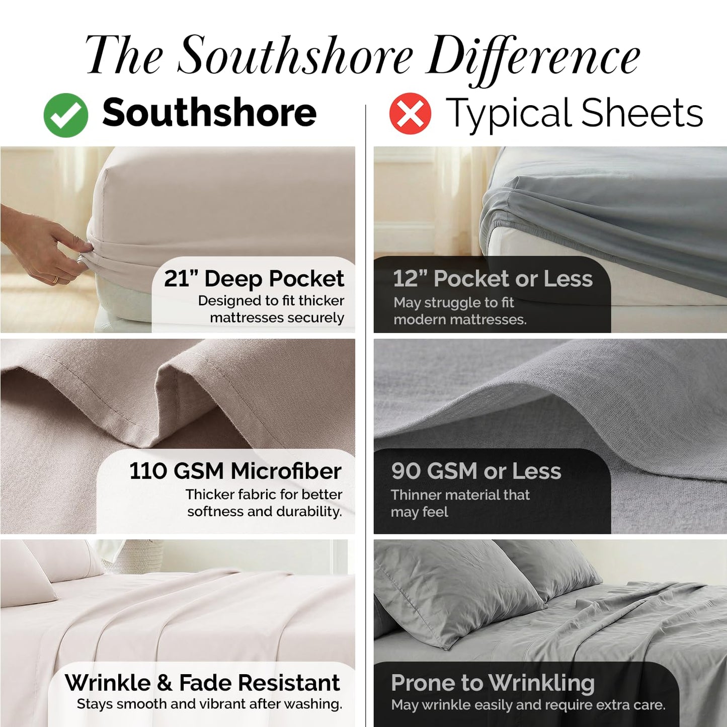 Southshore Fine Living, Inc. Hotel Style 21 Inch Extra Deep Pocket King Sheet Set, 4 Piece Pleated Beige Sheets King Size w/Decorative Hem, Wrinkle Resistant Microfiber, 2 Pillow Cases - Natural Beige