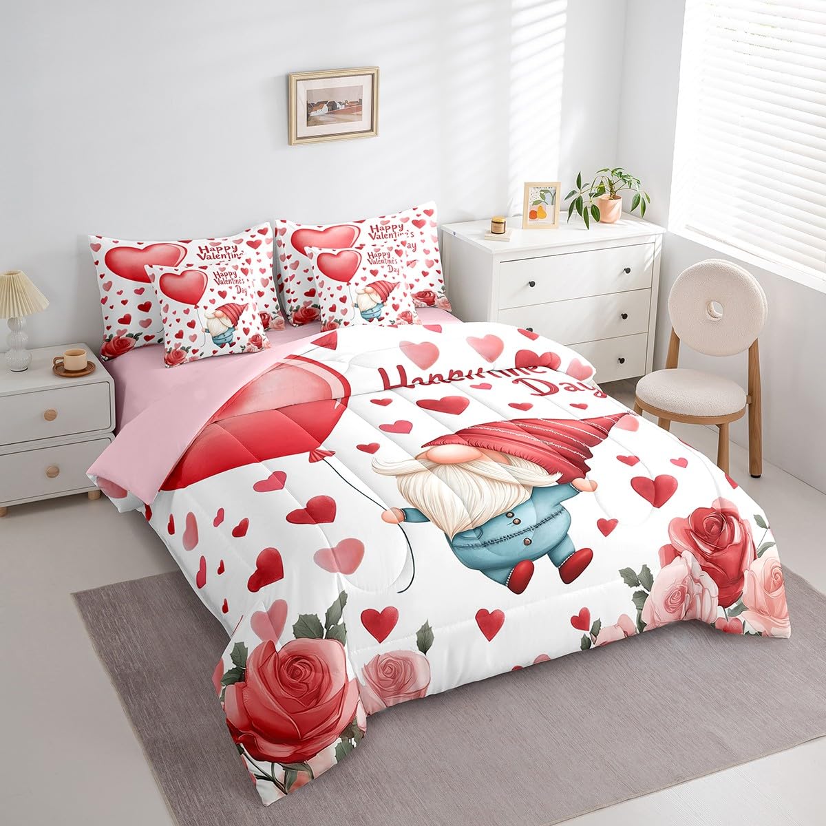 Erosebridal Valentines Gnome Queen 7 Piece Comforter Set with Sheets - Cute Gnomes Red Rose Floral Bedding Sets, Romantic Love Bed Set with Fitted + Flat Sheet for Kids Girls Women Room Decor