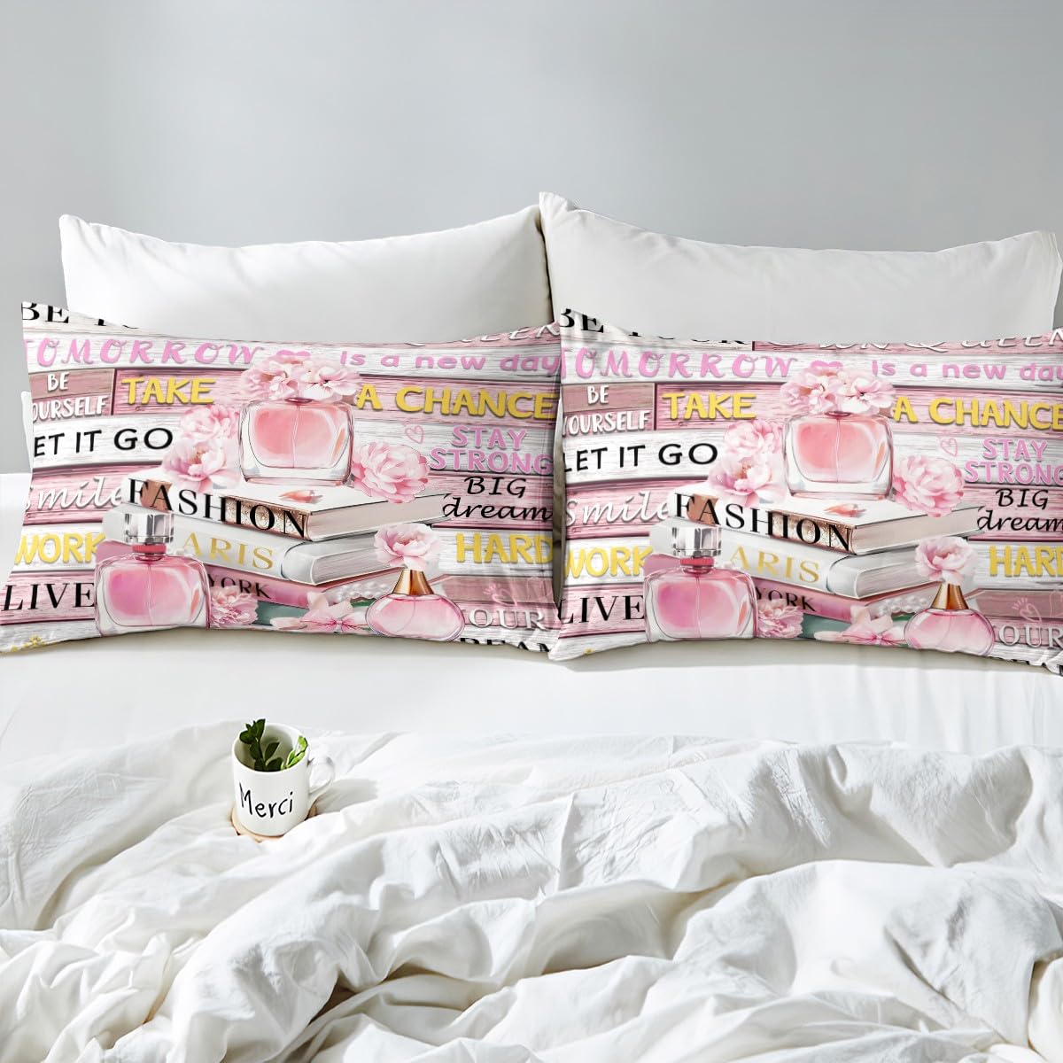 Erosebridal Pink Fashion Sheet Set King Size for Women Girls Kids Girly Aesthetic Modern Sheets Inspirational Quotes Trendy Elegant Coquette Cute Bedding Set Perfume Paris Preppy Pink Bow Bed Sheets