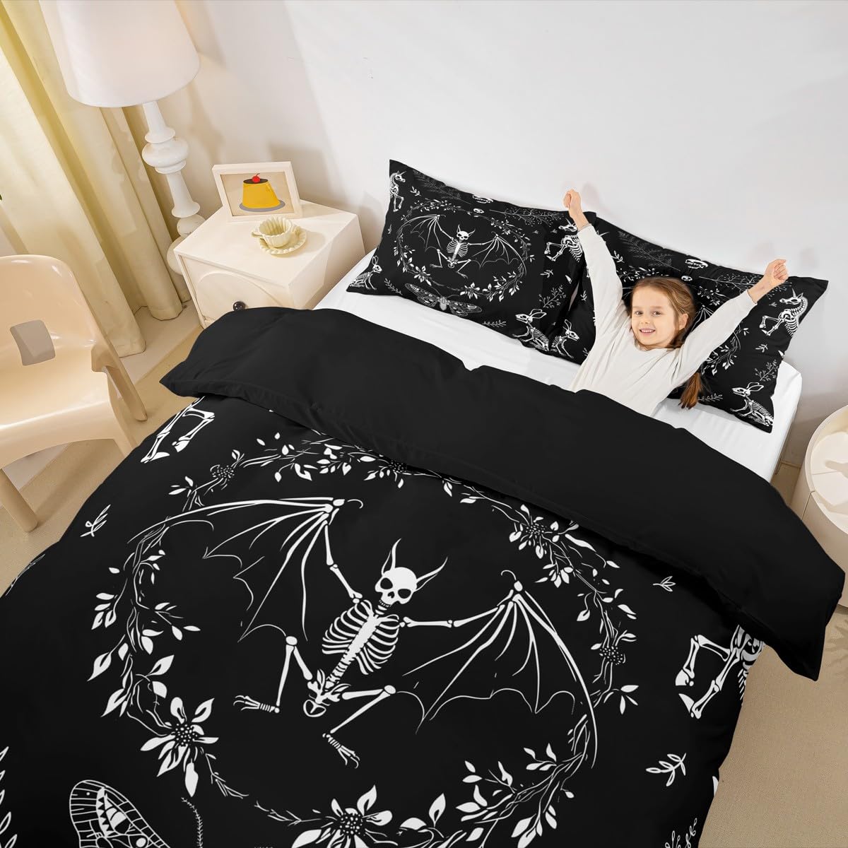 Castle Fairy Moth Duvet Cover Twin Size,Gothic Rabbit Animal Skull Bedding Set 2pcs for Kids Teens,Halloween Skeleton Black White Comforter Cover Soft Quilt Cover,No Comforter