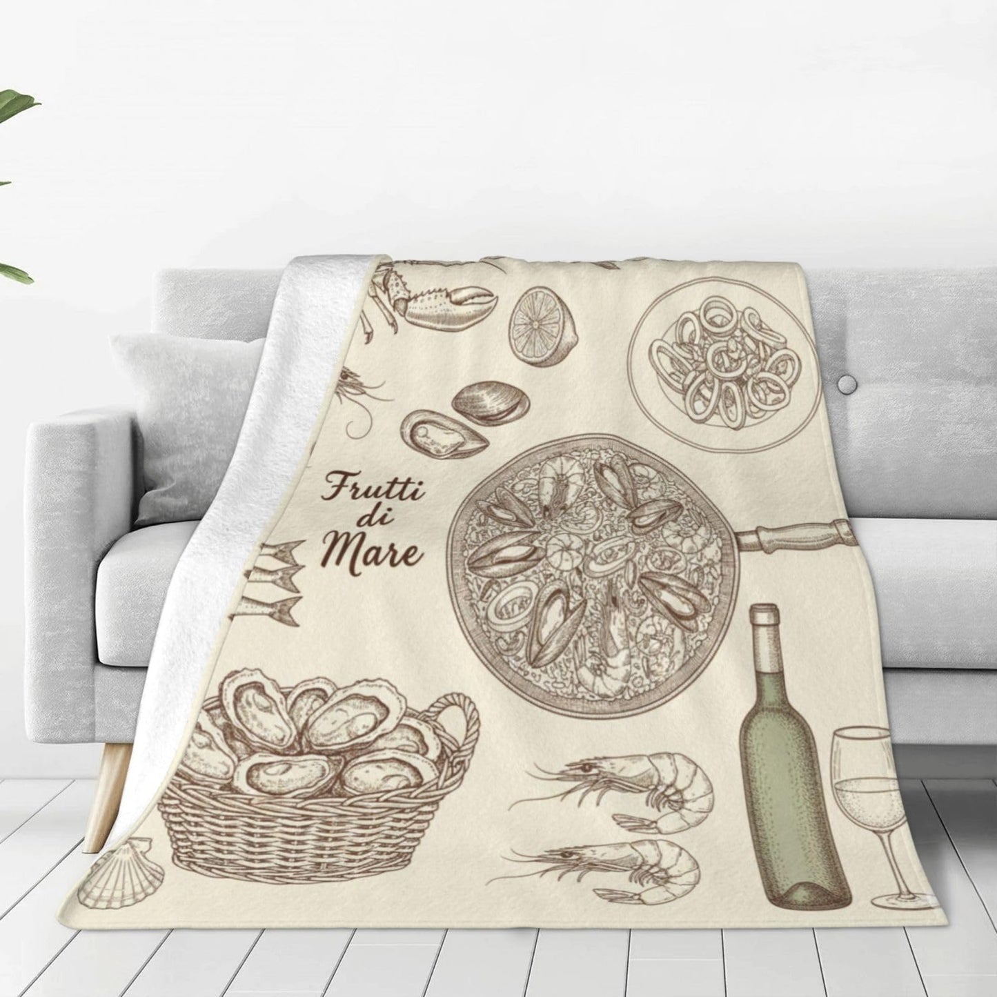 Fleece Throw Blanket for Couch, Seafood Feast Wine Soft Fuzzy Cozy Blankets Warm Lightweight Flannel Throws for Bed, Sofa, Travel, All Seasons 50x40 Inches
