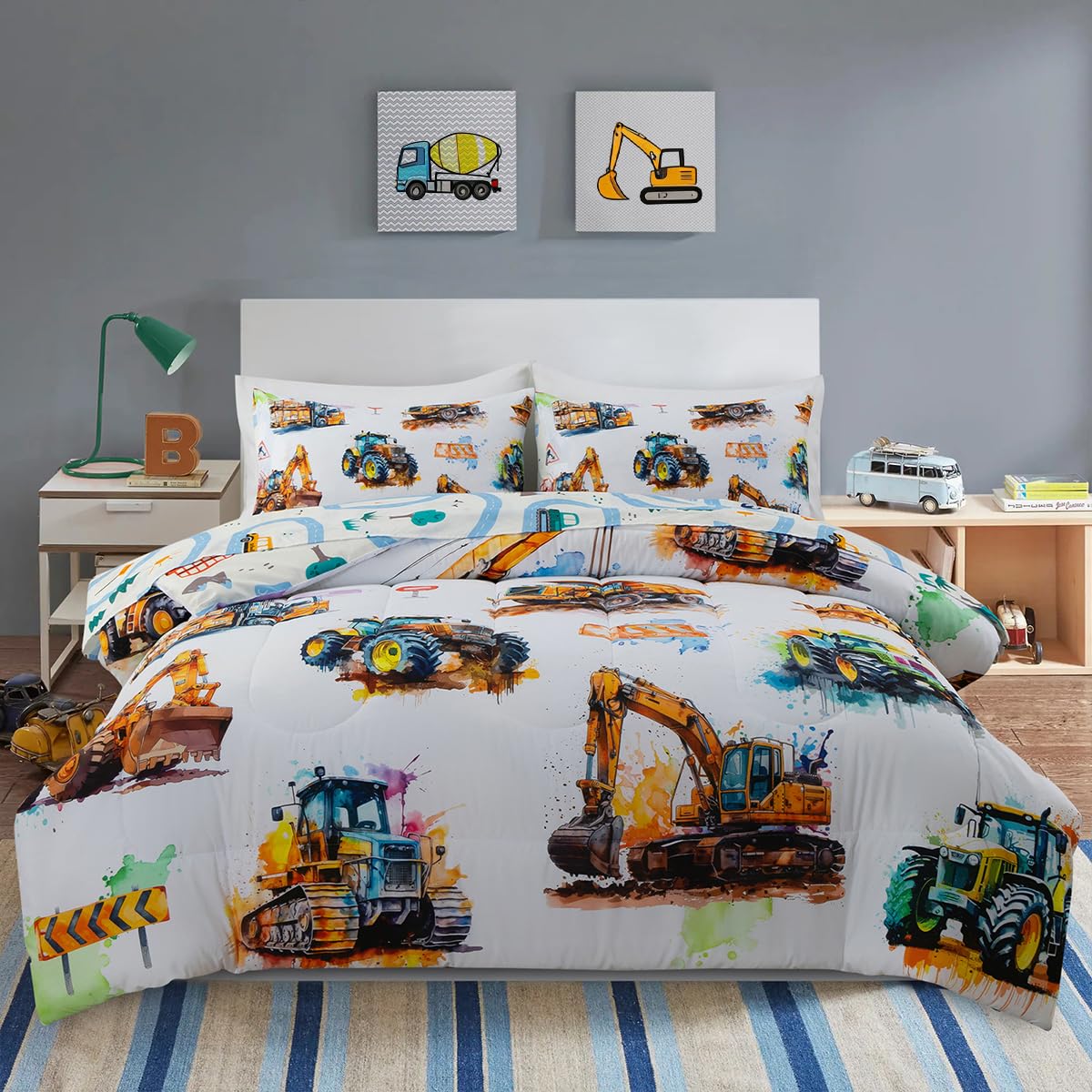 Holawakaka Trucks Tractors Cars Boy Bedding Comforter Set with Sheets, Twin Size Cartoon Construction Car Excavator Print Kids Bed in A Bag 5-Piece, Boys Reversible Dorm Bed Sets (Multi Twin)