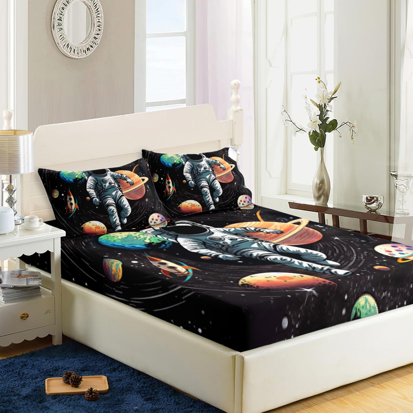 AILONEN Outer Space Fitted Sheet Set Full Size,3D Astronaut Print Bed Sheet Set,Galaxy Bedding Cartoon Planet Rocket Sheet Set 3 Pieces, 1 Fitted Sheet and 2 Pillowcases