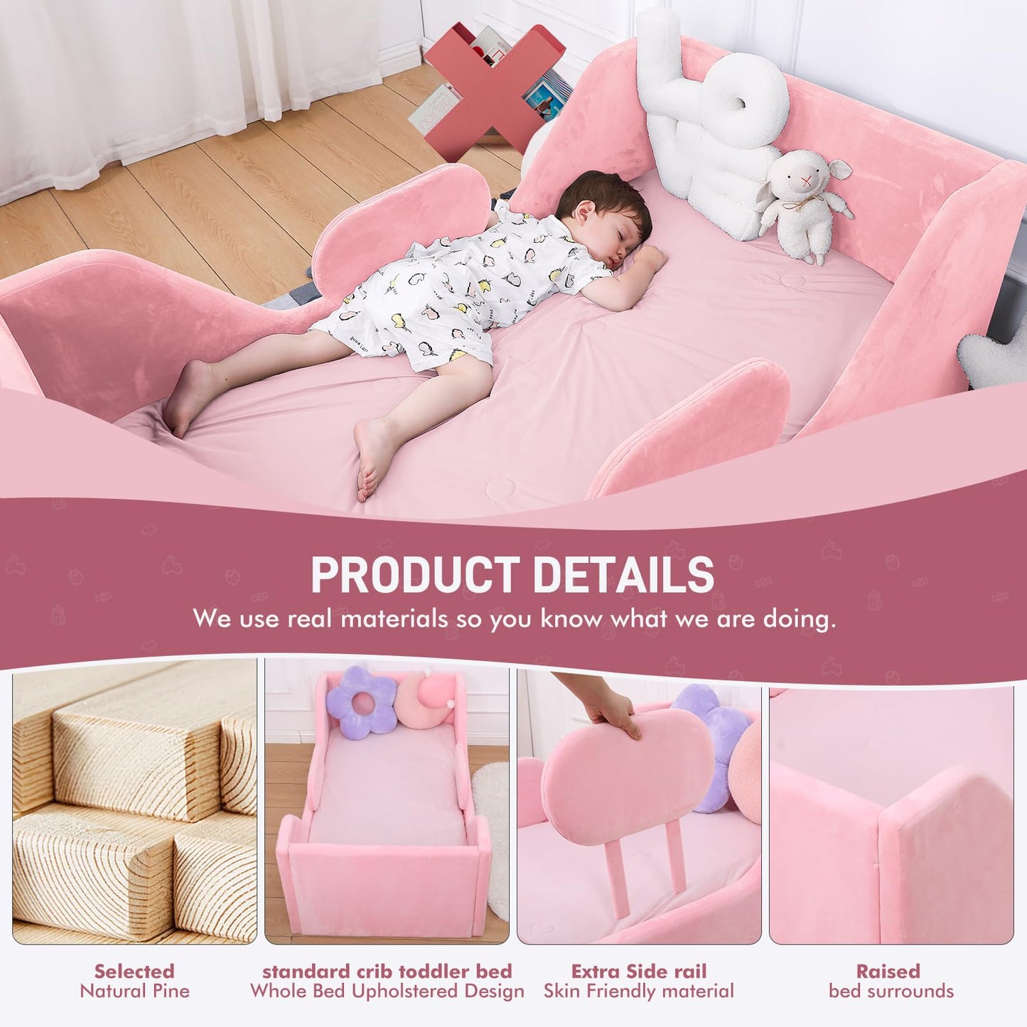weeonekids Toddler Bed, Child Bed for Kids with Extra Safty Broad, Standard Crib Size Toddler Bed, Certified Fabric Toddler Beds,Toddler Flood Bed (Pink)