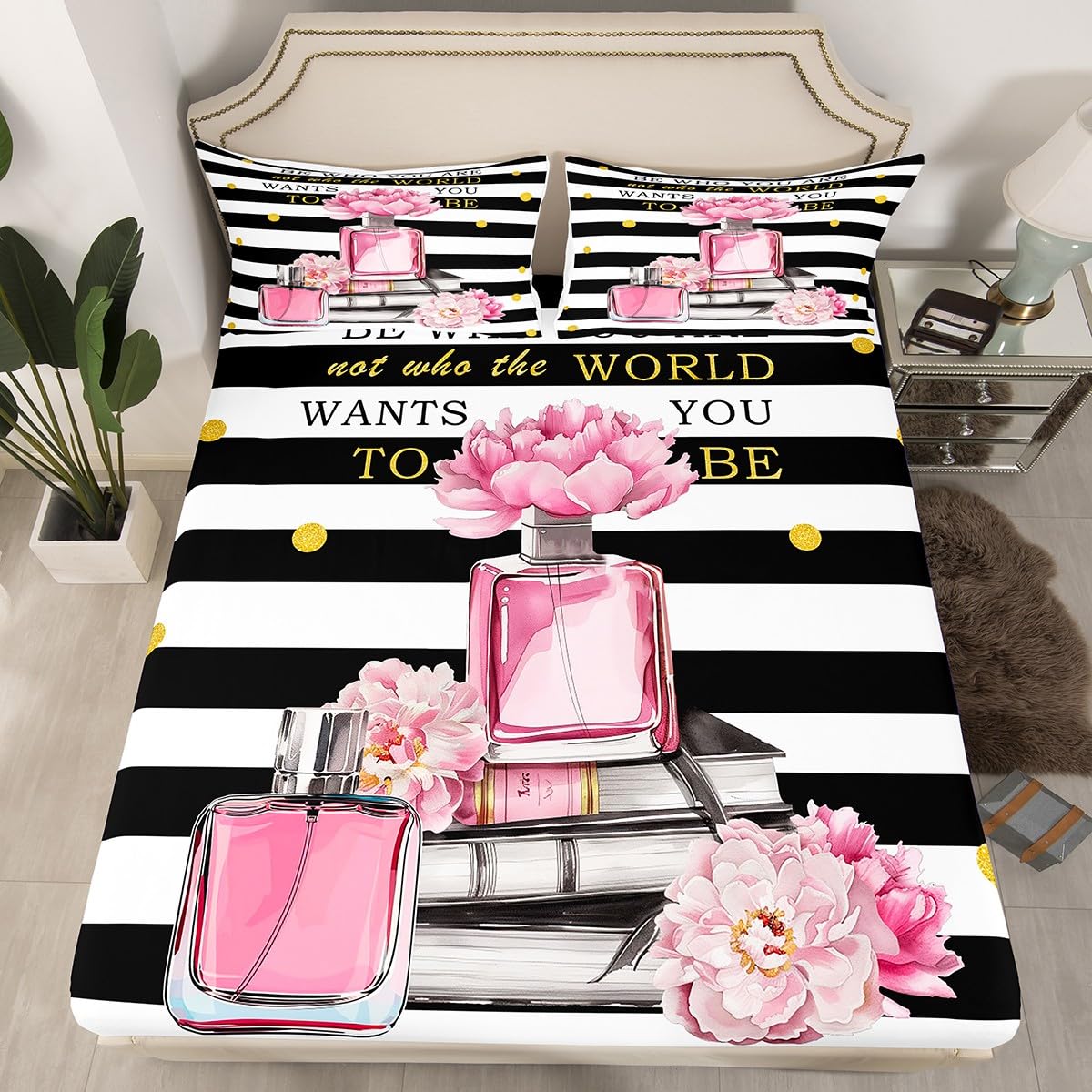 Erosebridal Pink Floral Bed Sheets King Size for Girls Kids Teens Girly Cute Modern Fashion Sheets Boho Black and White Striped Sheet Set Inspiring Women Perfume Preppy Coquette Bow Bedding Set